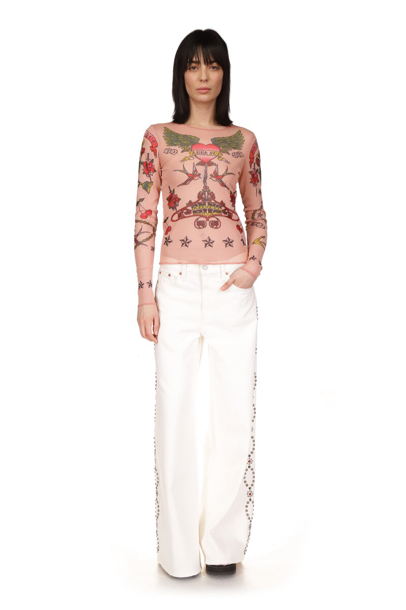 Tattoo Mesh Top Nude as same pattern front and back, pattern repeats on long sleeves