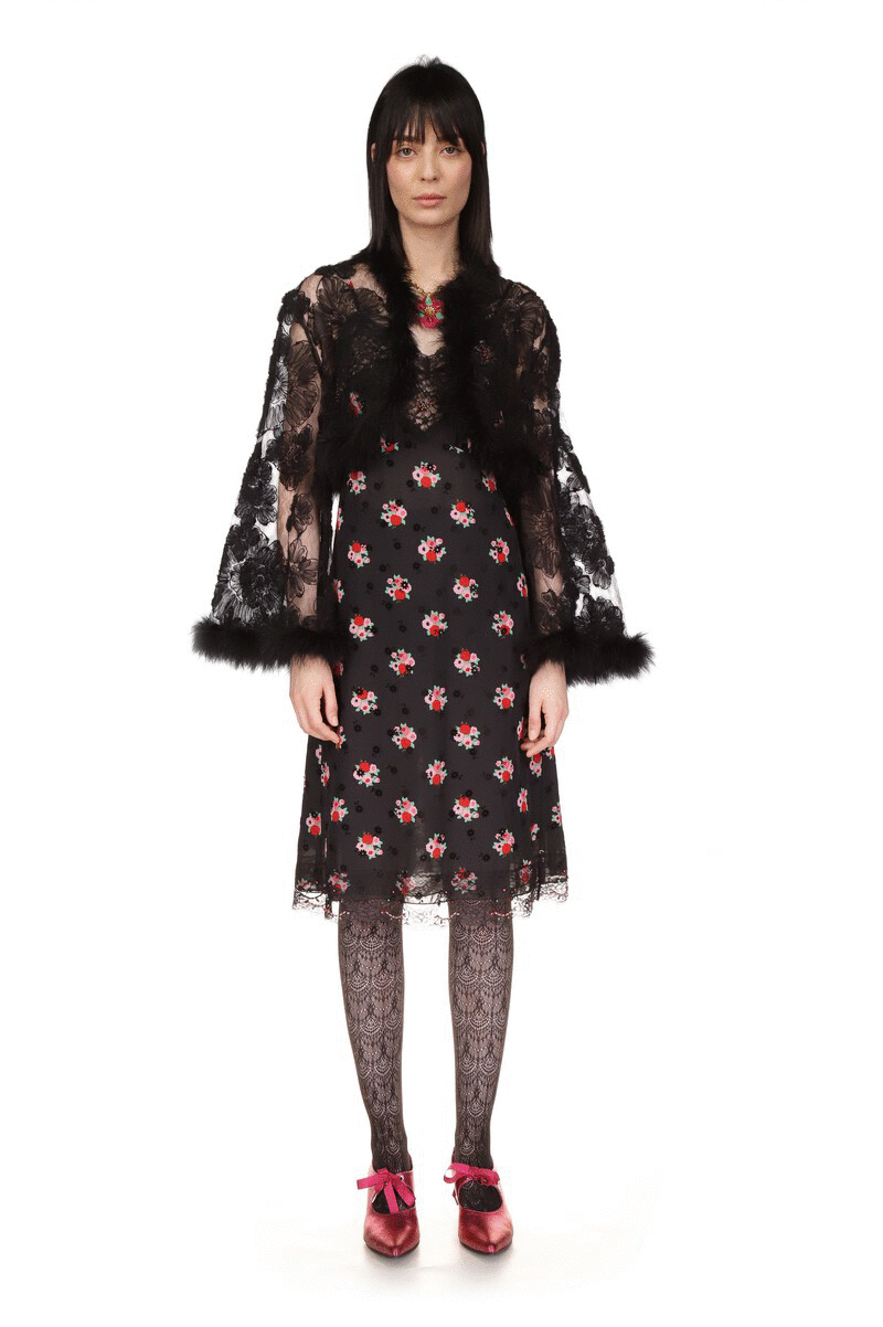 Anna Sui Sheer fabric, large black flowers, fur at borders, Jacket is under breast length