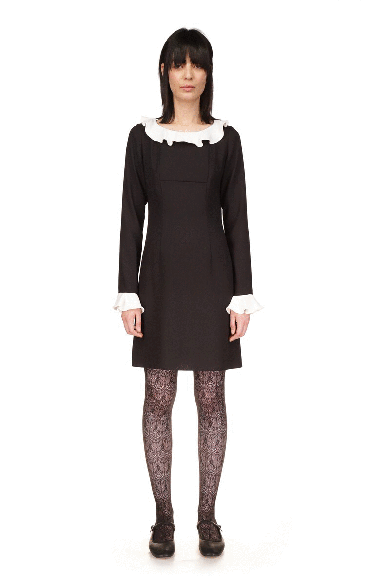 Combo Crepe Dress, above-the-knee, with the vanilla crepe on the long sleeves and collar borders