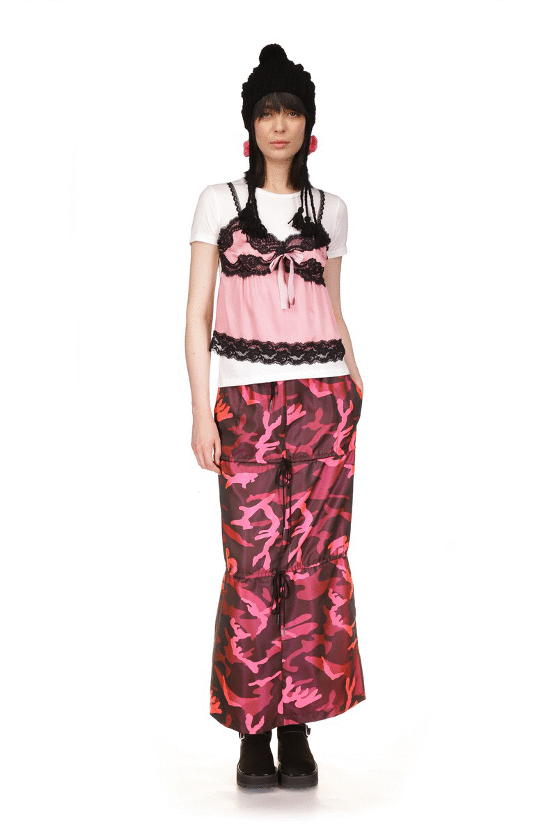 Sleeveless, backless, pink, black lace top/under breast/bottom hem, 2 straps, v-collar, pink ribbon
