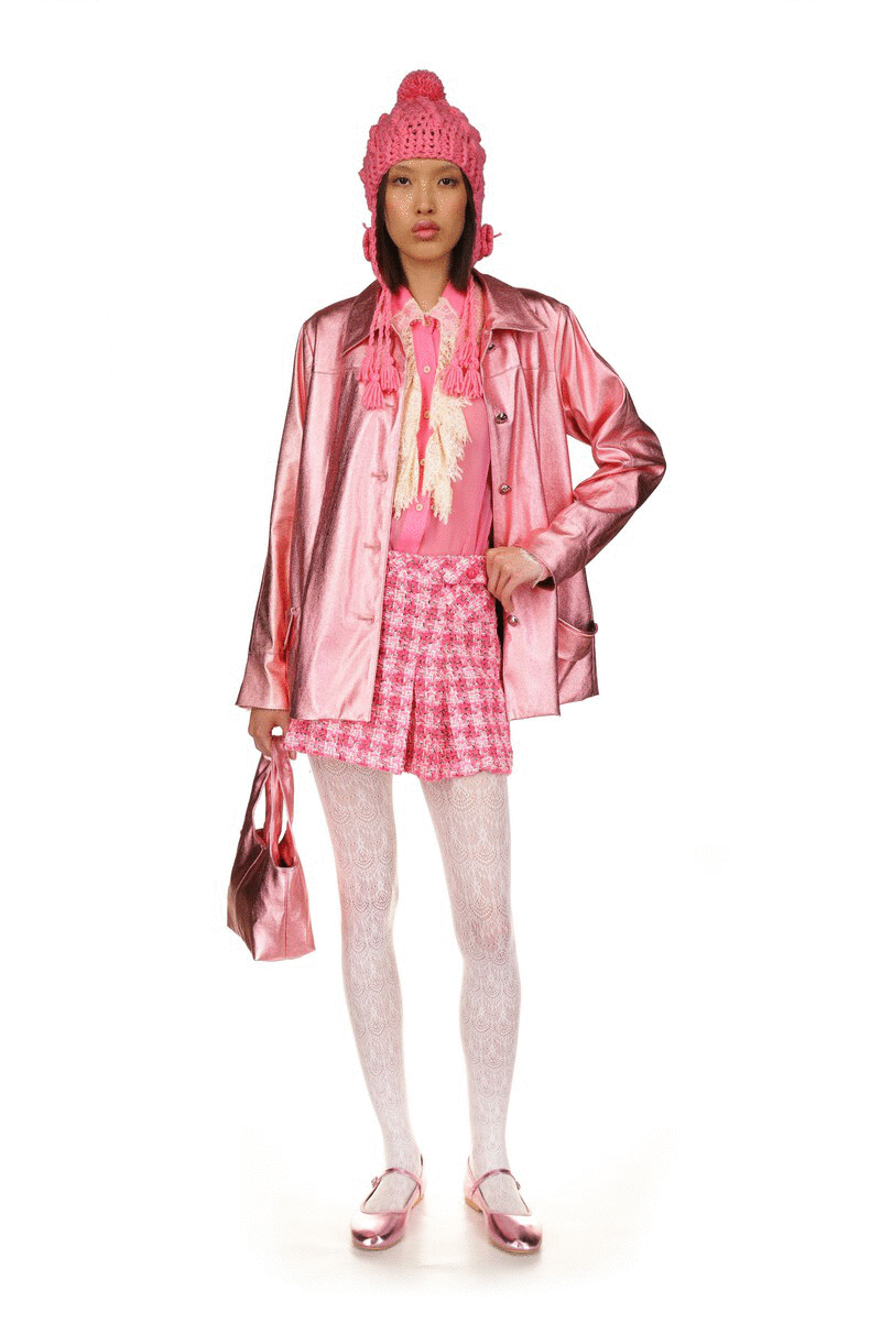 Metallic Faux Leather mid-size Jacket Bubblegum, long sleeve, 5 silver buttons, 2 side pockets, medium-sized collar