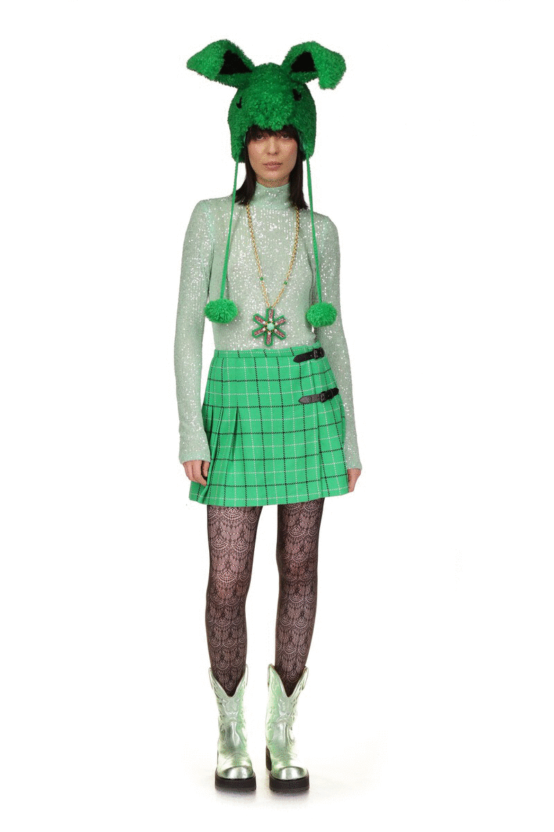 The Windowpane Pleated Mini Skirt Clover Multi, Irish green, with pattern of dark green and white borders in square shape