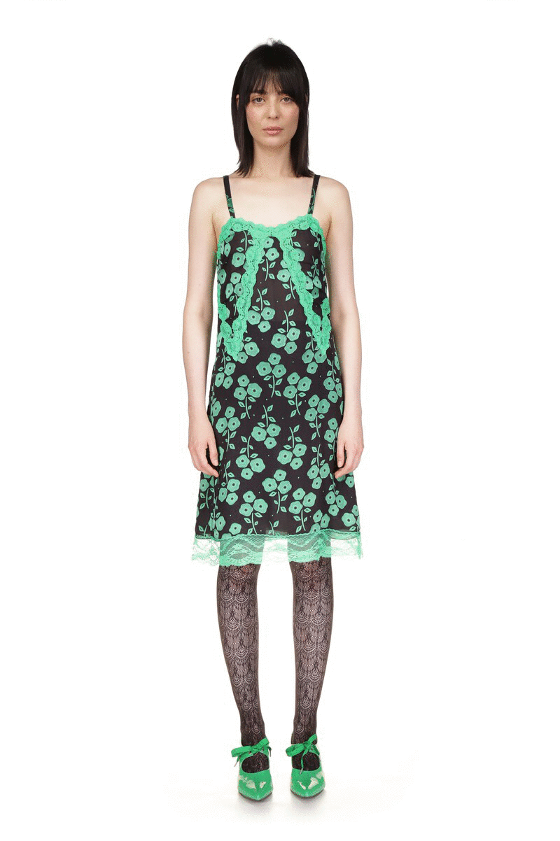 Anna Sui's Stitched Poppies Slip Dress in Black Clover, zipper on the back