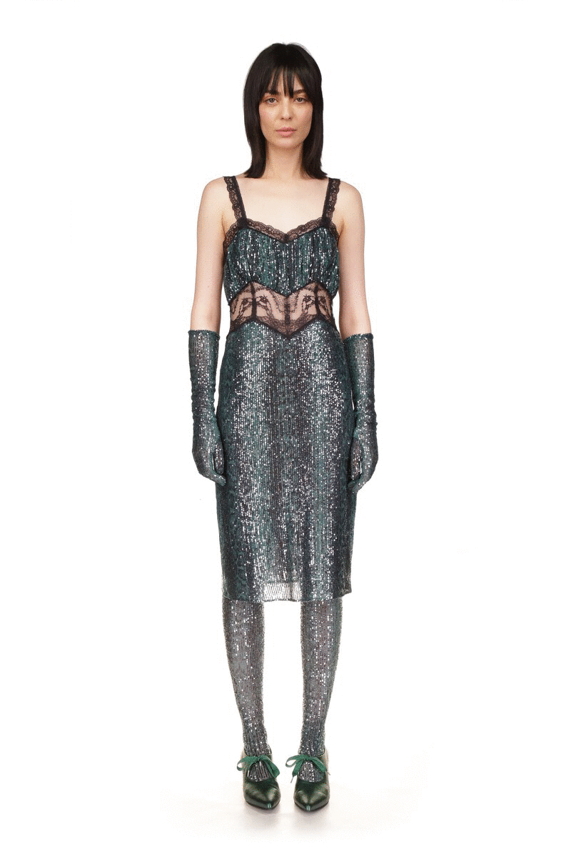 Snakeskin Sequin & Lace Midi Dress Emerald, zip in back, see-thru black lace under the bust