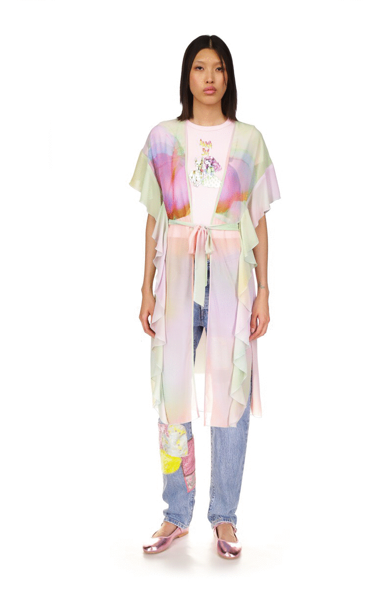 Impressionism Butterfly Rainbow Kaftan, knees long, See-thru, slit and ruffle effect on each side