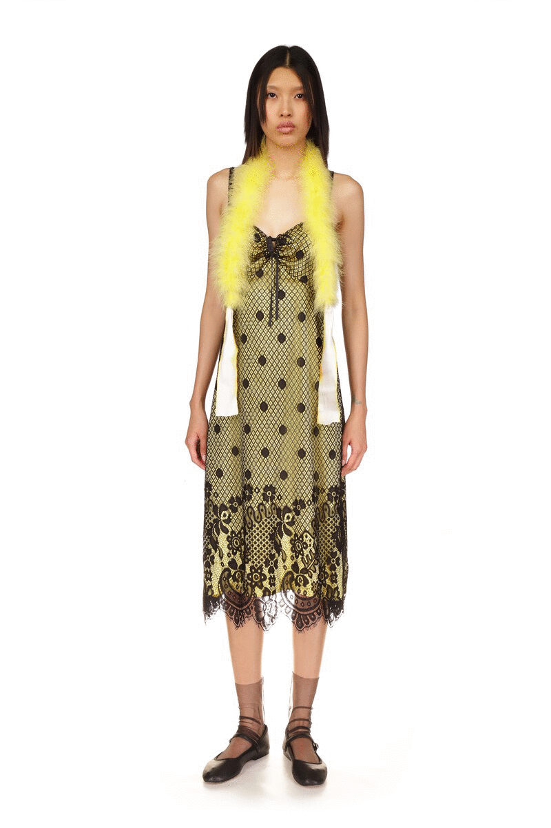 Lace Dress Canary Yellow/Black, deep cut on the back,2-black straps over the shoulders