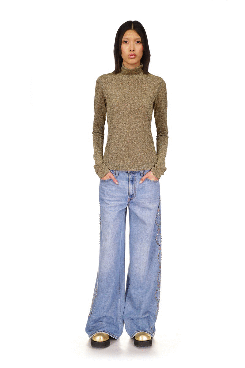 Shiny gold turtleneck, long sleeves that can cover hands, back zipper