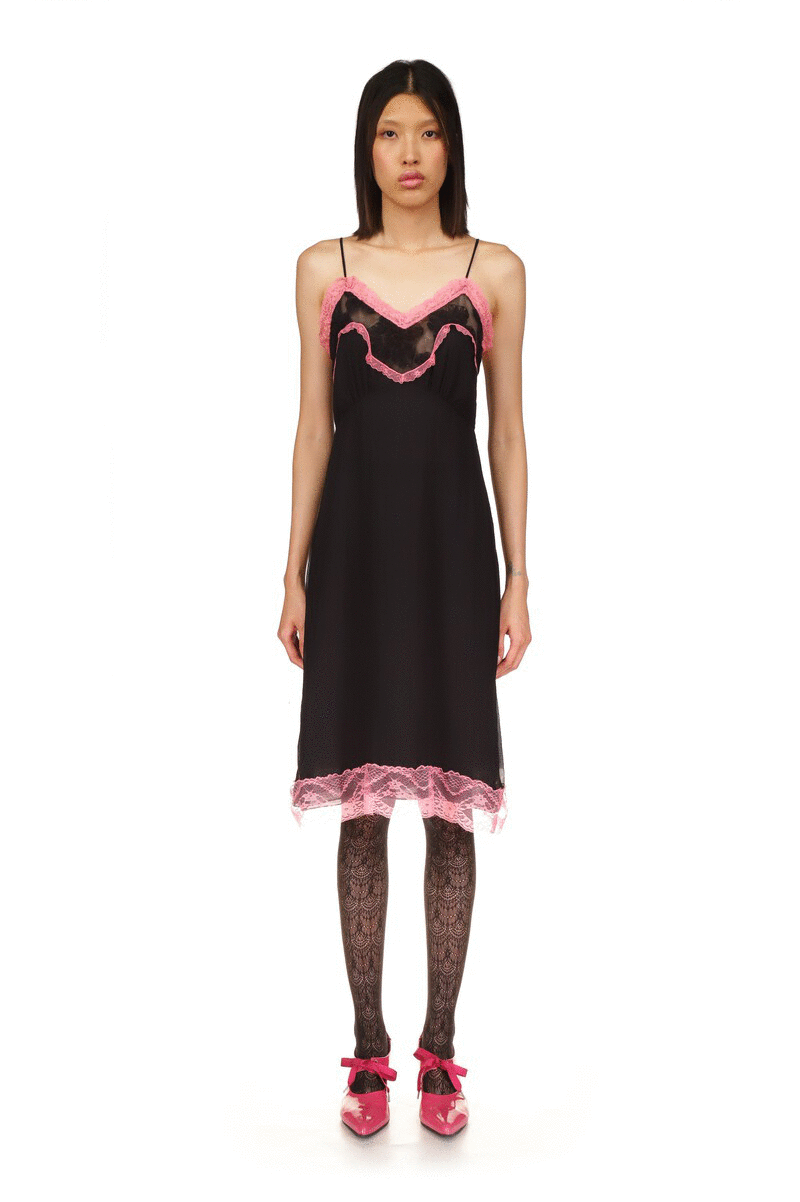 Lingerie Chiffon Slip Dress Rose, by Anna Sui, black with rose highlight lace a top and bottom zipper on back, knee long