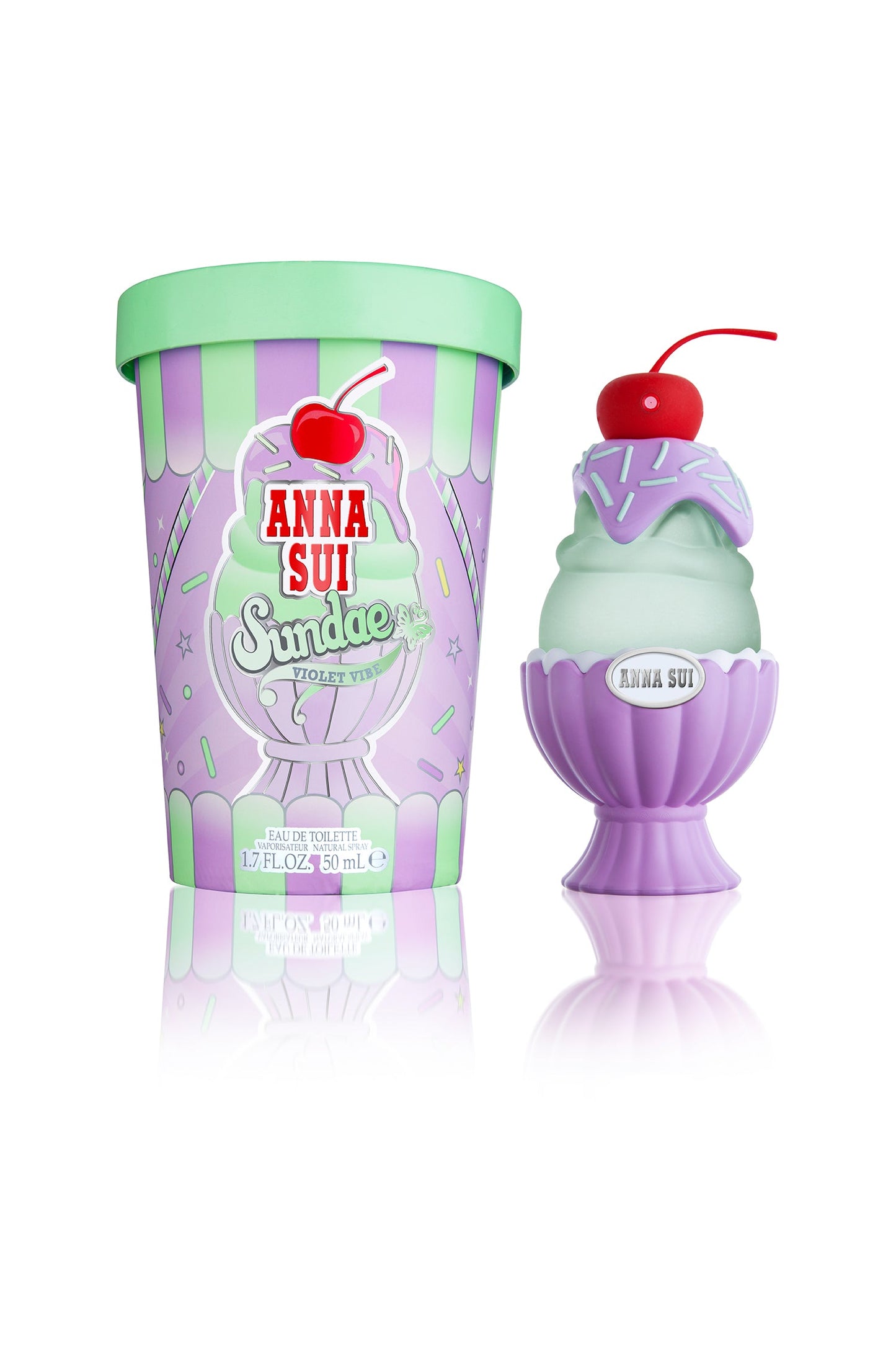 Violet bottle with a shell design and a green ice cream-shaped cap with a cherry, in a popcorn box