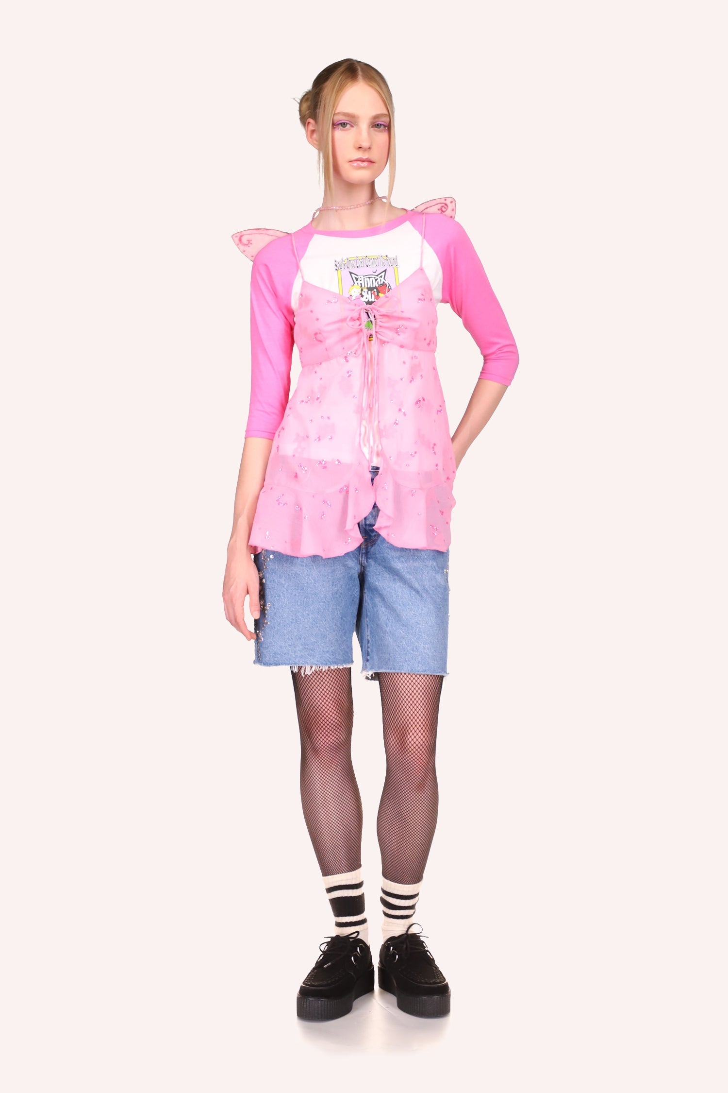 uiUnholy Ground Ringer Tee Pink Multi is wearer under an Anna Sui Flock Crinkle Chiffon Tank Pink