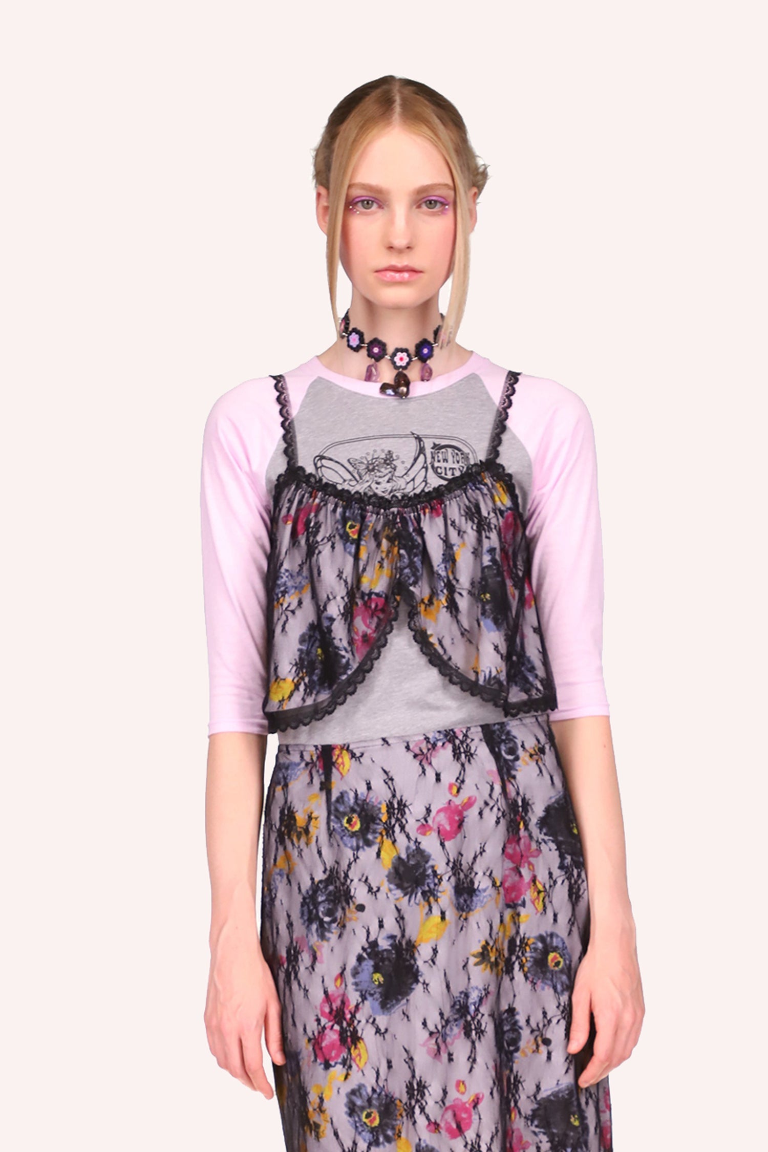 Lace Cropped Sketch Flower Cami, lilac, pink, and yellow, sleeveless, black laced straps and hems