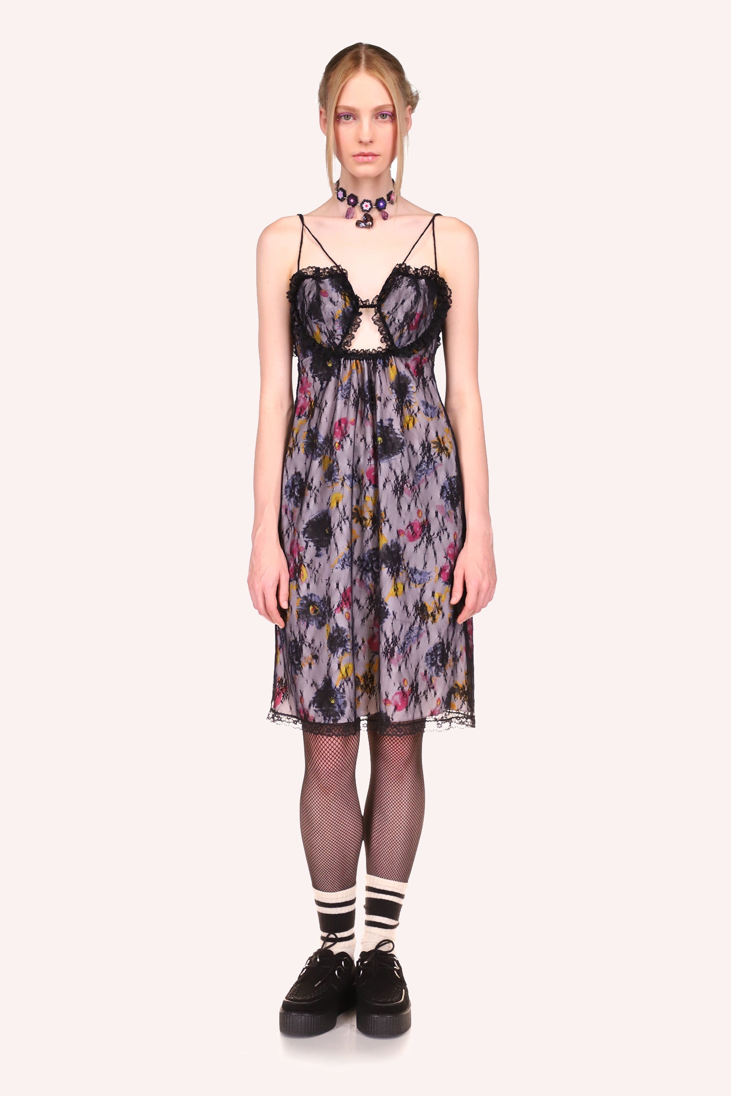 Sketch Flower and Lace Heart Dress, sleeveless, pattern of lilac, pink, yellow colors flowers, 2 straps, hems with black lace