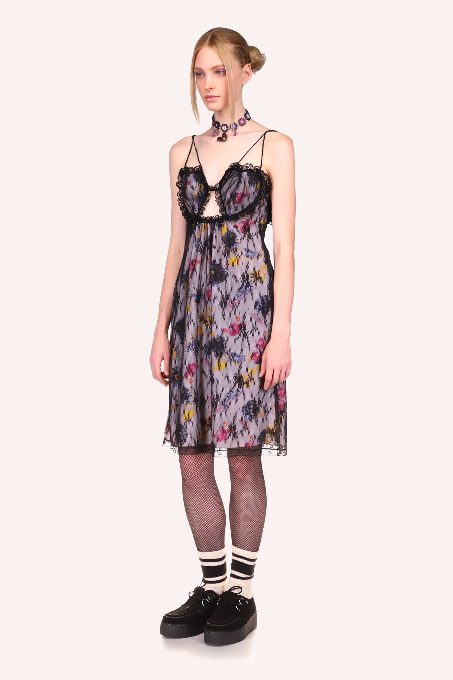 Sketch Flower and Lace Heart Dress, sleeveless, pattern of flowers, black lace on all hems