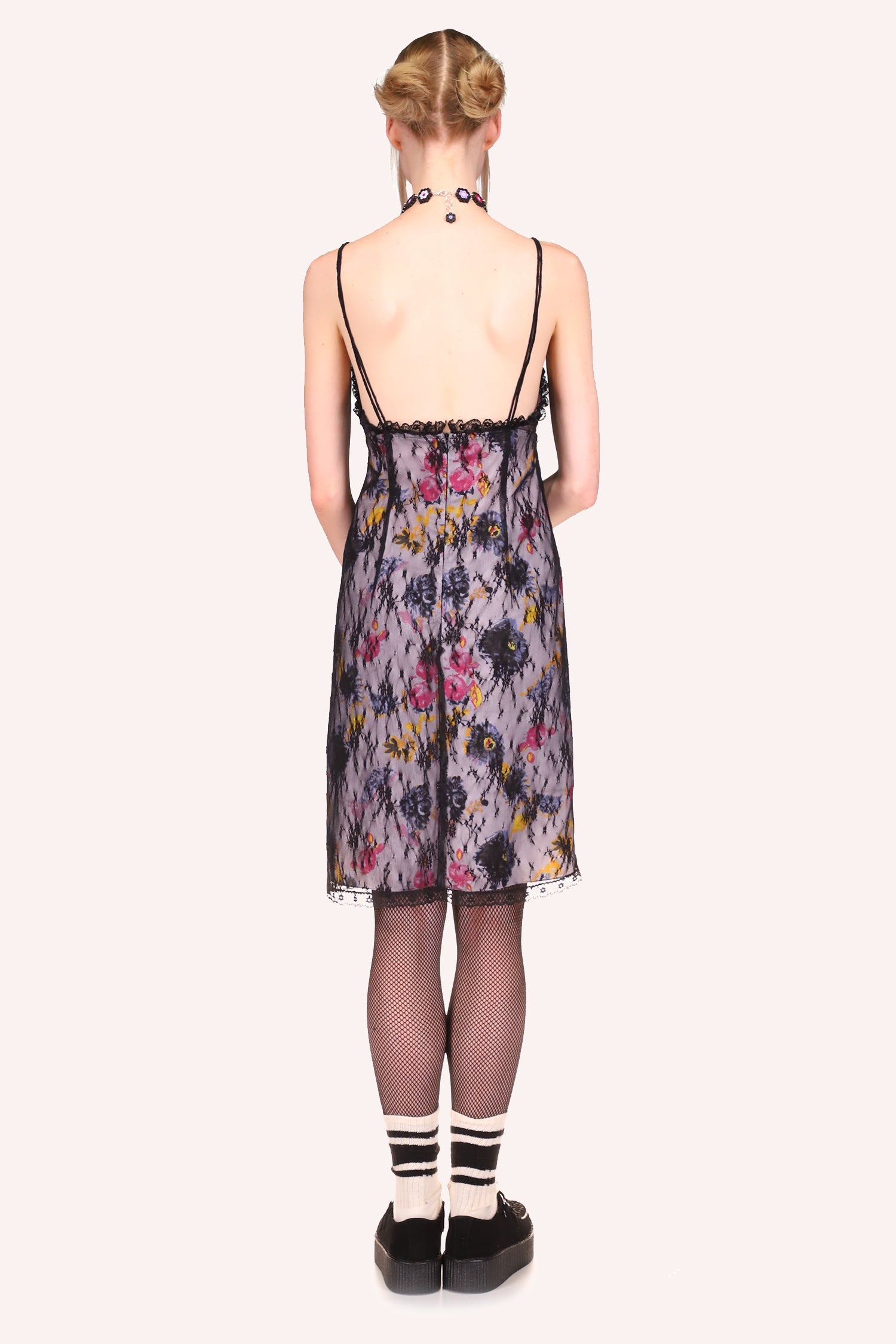 Sketch Flower and Lace Heart Dress, sleeveless, pattern of flowers, 2 straps, hems with black lace, low cut on the back