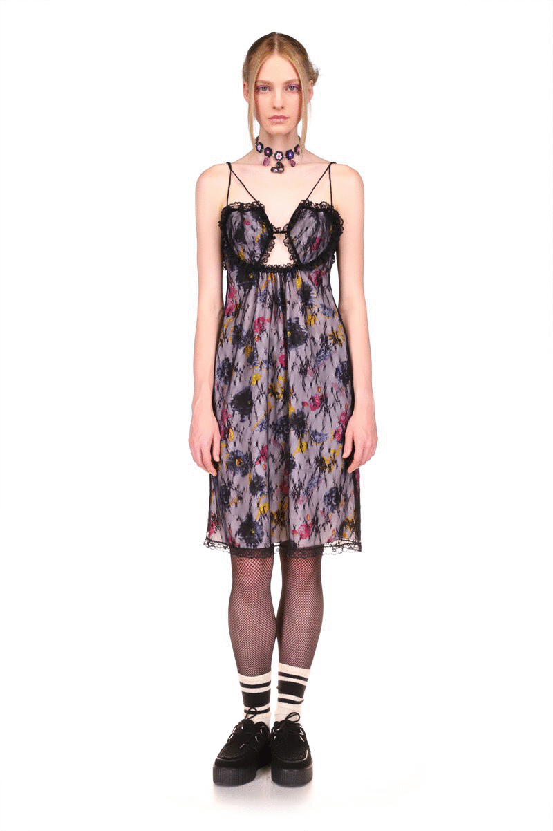 Sketch Flower and Lace Heart Dress, sleeveless, pattern of flowers, 2 straps, hems with black lace, low cut on the back