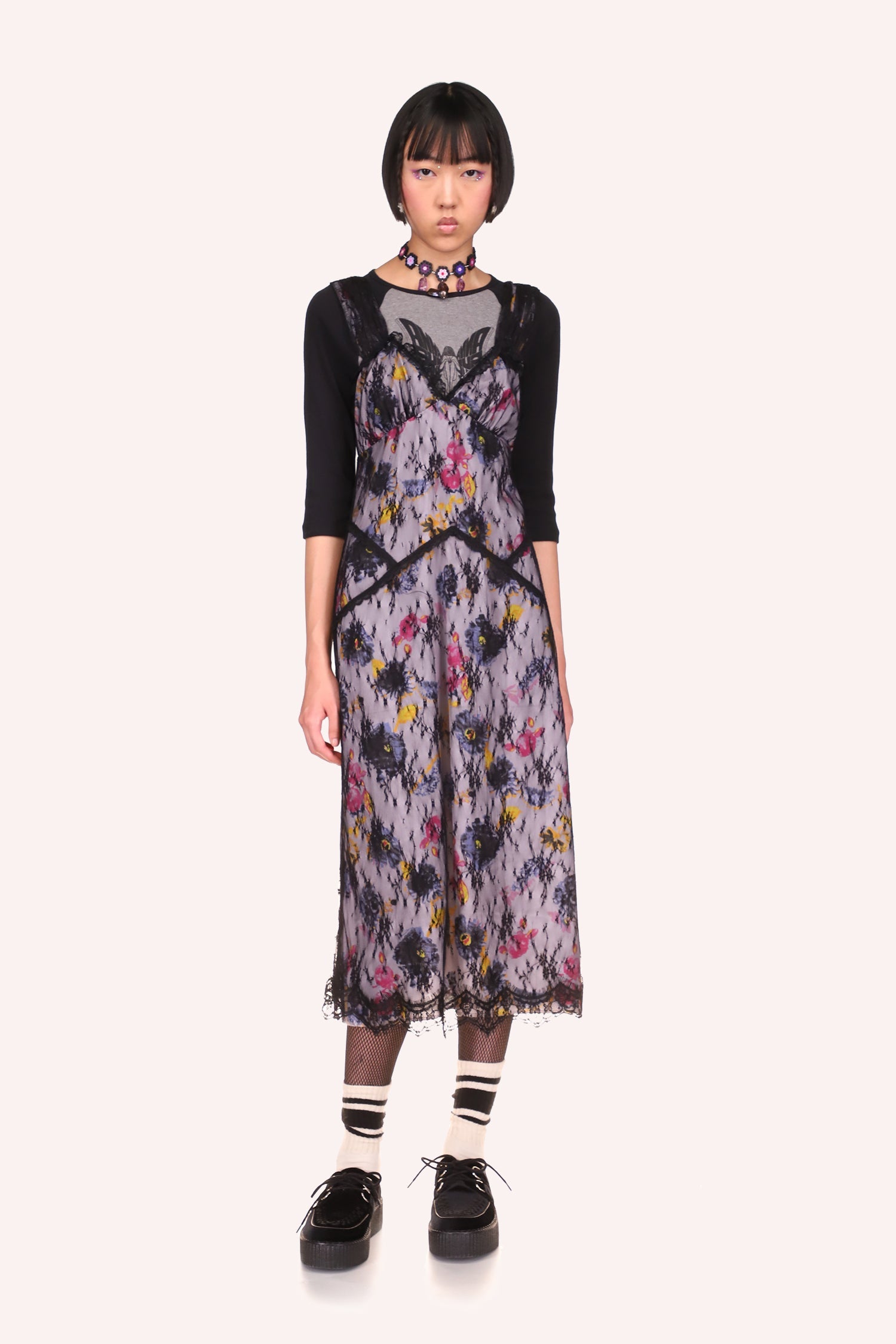 Sketch Flower, Lace Slip Dress sleeveless, lilac, pink, yellow flowers, black lace hems, mid-legs long