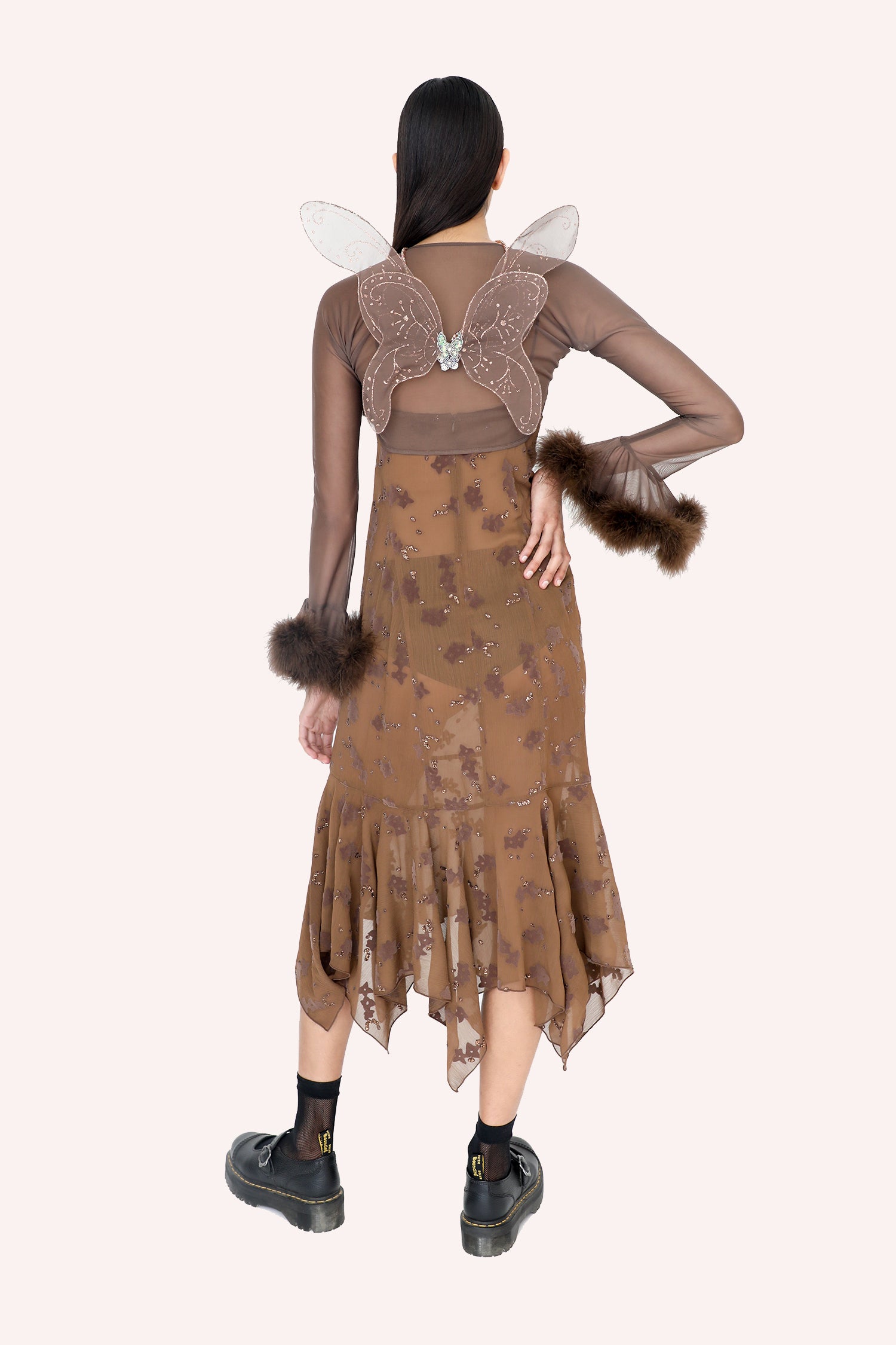 Cocoa Flock Crinkle Chiffon Dress, mid-calf long, sleeveless, ruffle effect at bottom