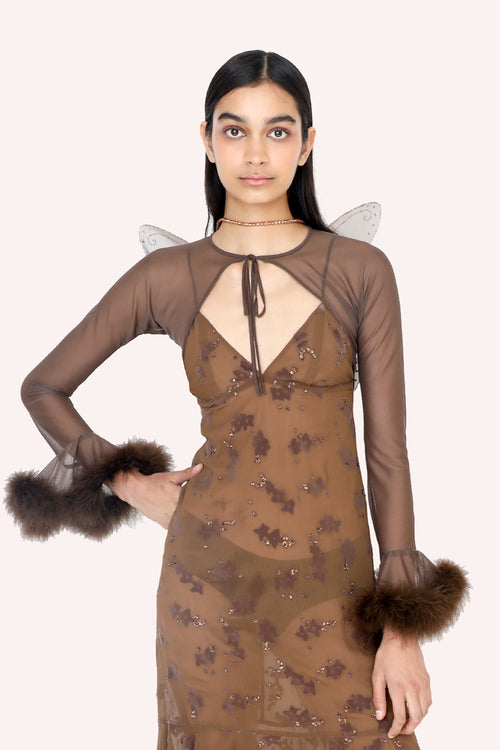 The Mesh Bolero Cocoa, long sleeves with fluffy fur at wrist, a brown lace at neckline to ties up, open in front