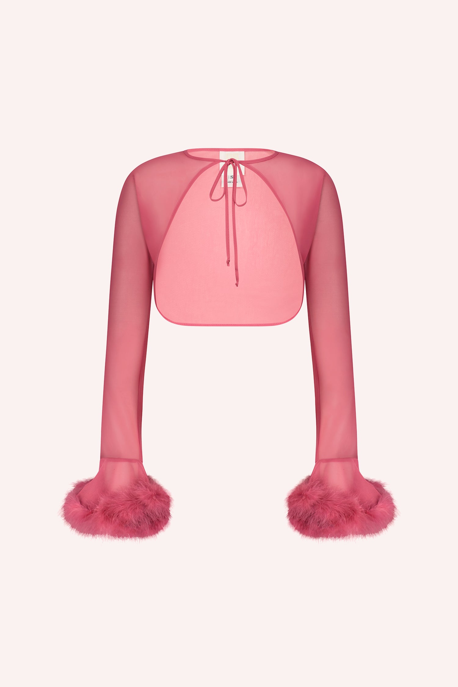 Bolero, long sleeves, pink, fluffy fur at wrist, open in front, see-thru, cover arms, shoulder, back