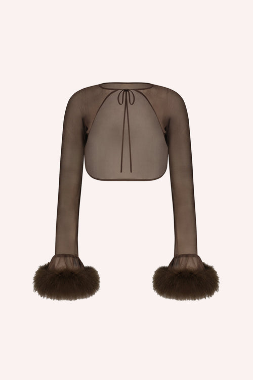The Mesh Bolero, long sleeves transparent cocoa with fluffy fur at wrist, a brown lace at neckline to ties up, open in front
