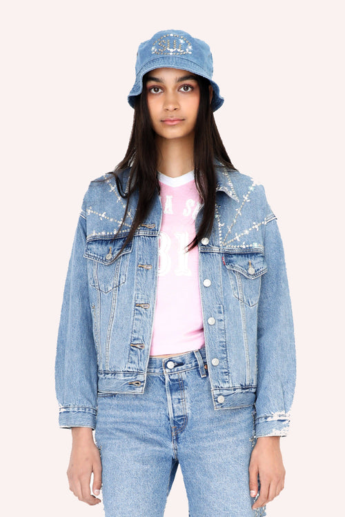 Studded Denim Jacket, hips long, with star like pattern point from bust line to shoulders, 4 pockets