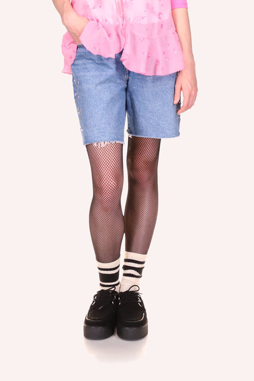 Embroidered Denim Shorts, mid-thigh, zipper, pocket, hems with fringe,  