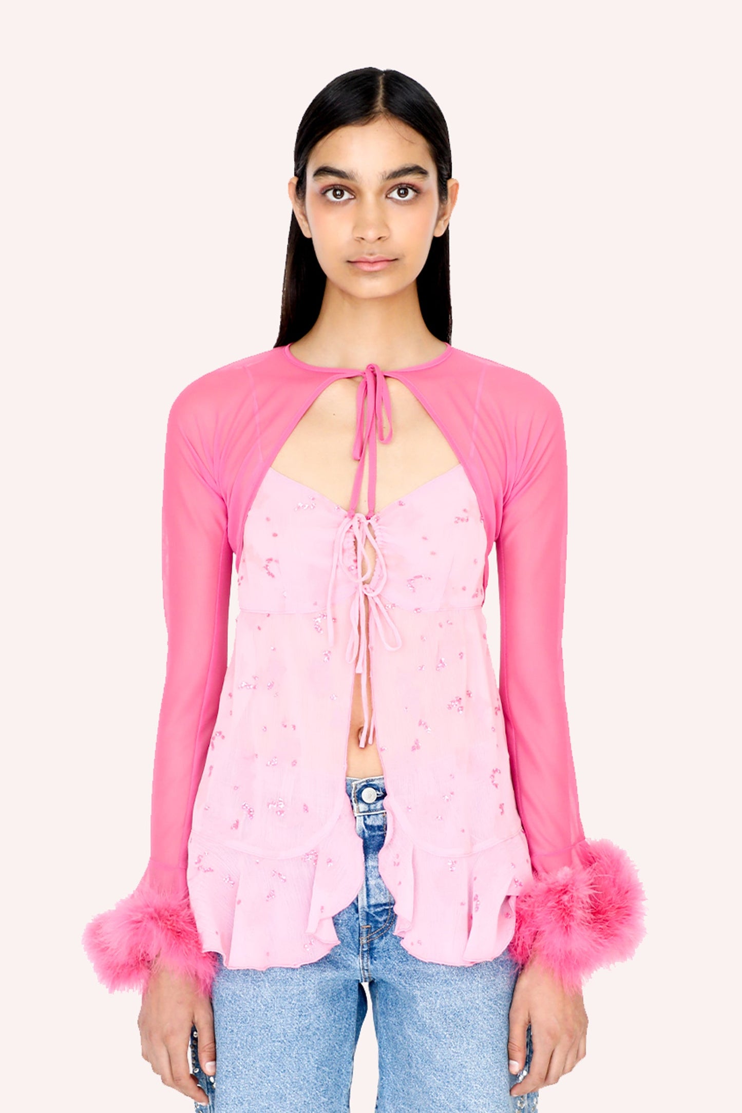 Mesh Bolero pink, long sleeves, fluffy fur at wrist, brown lace at neckline to ties up, open in front