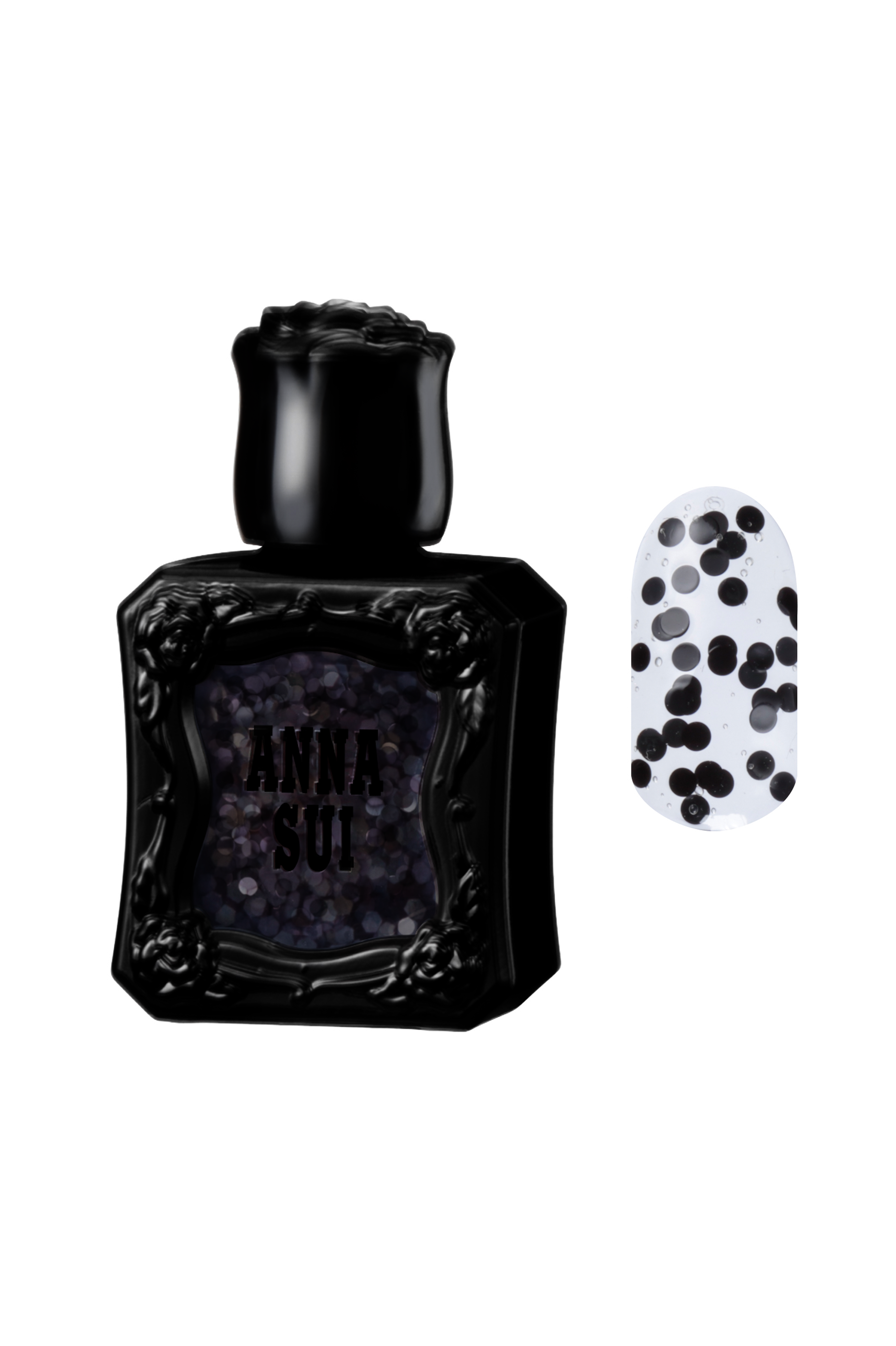 Inspired by the fragrance bottle, black container with raised rose pattern, Anna Sui on  SILVER LAME.