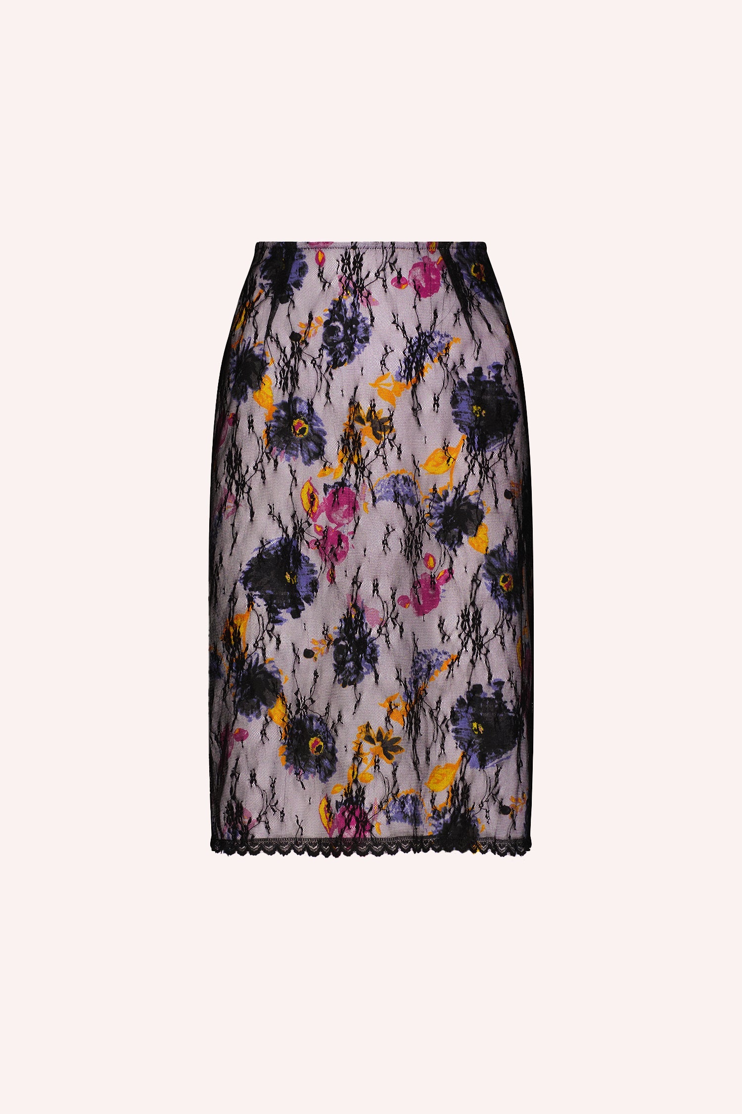 Detail of the pattern of large lilac, double pink, and yellow colors flowers, and bottom hems in black lace