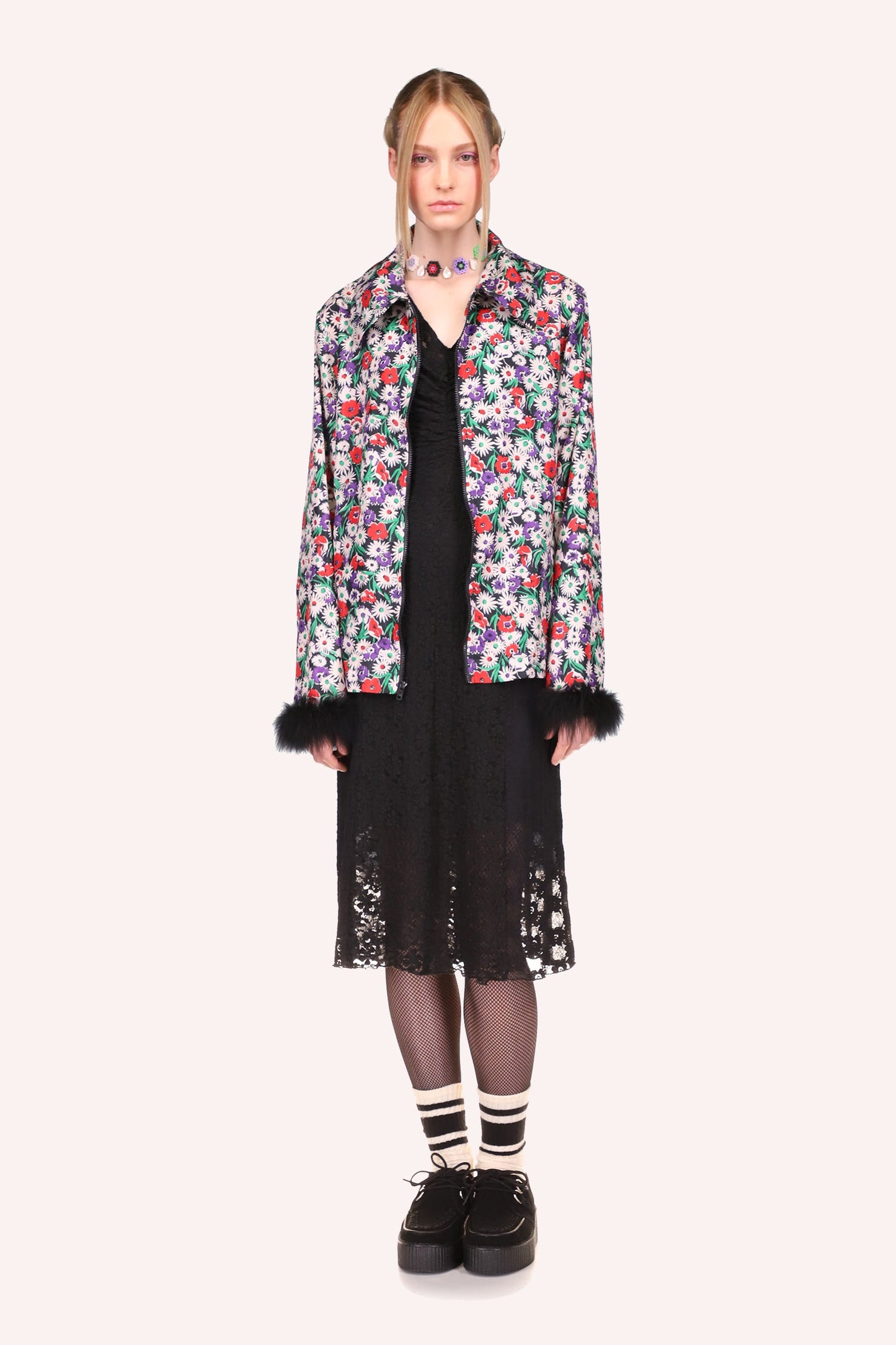 Daisies Windbreaker Jacket Rouge can be worn above Floral Stretch Lace Ruched Dress