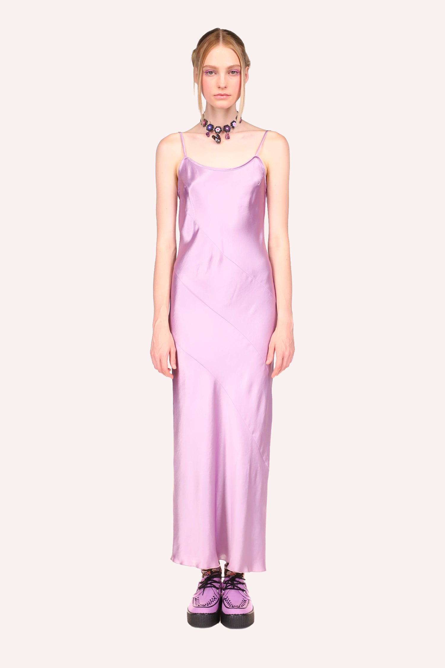 Washed Satin Slip Dress lavender, sleeveless dress with two straps, a round collar cut, ankle length, and a diagonal wrap.