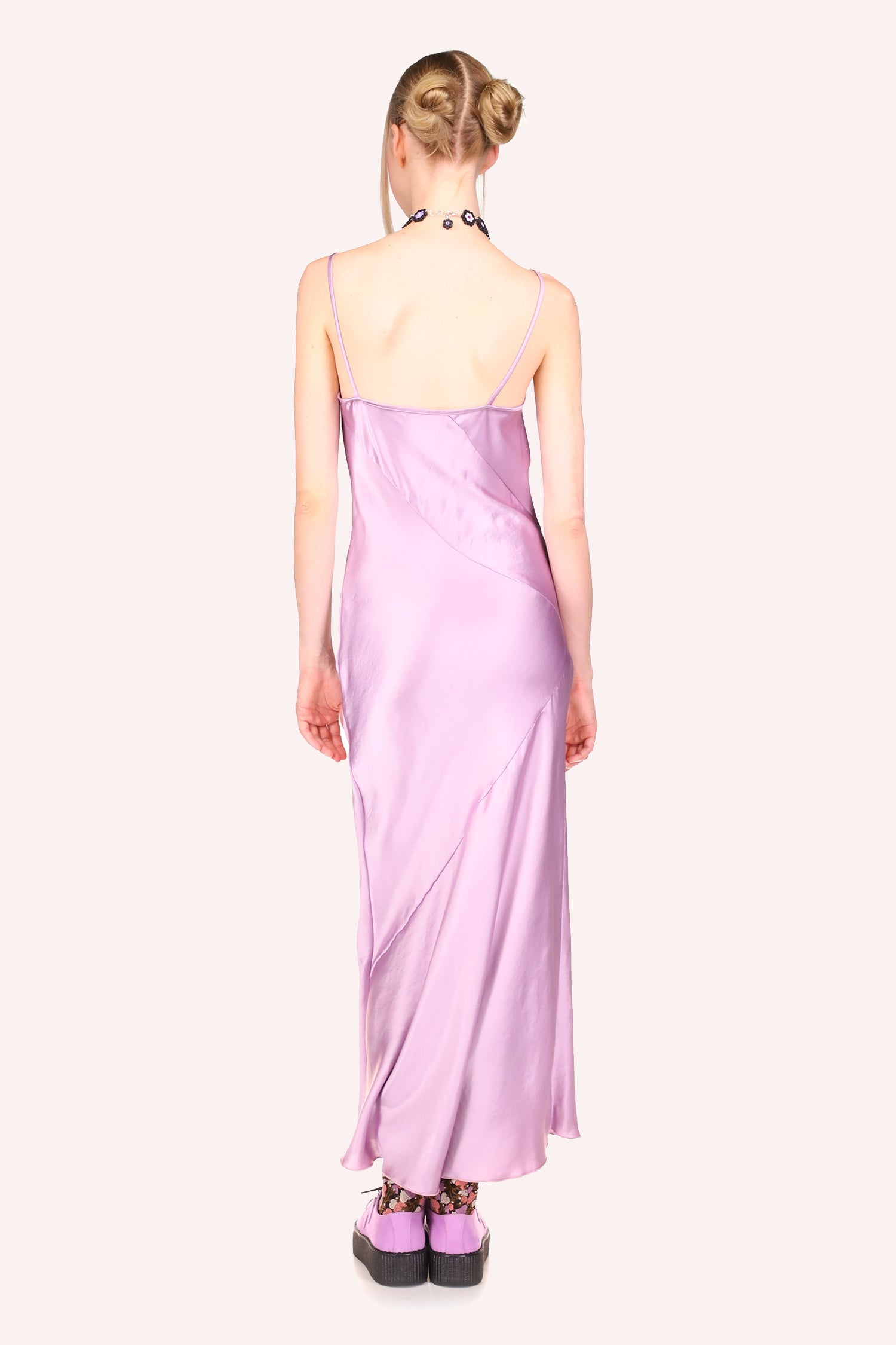 Washed Satin Slip Dress lavender, round collar cut front and back, two diagonal stripes from left to right