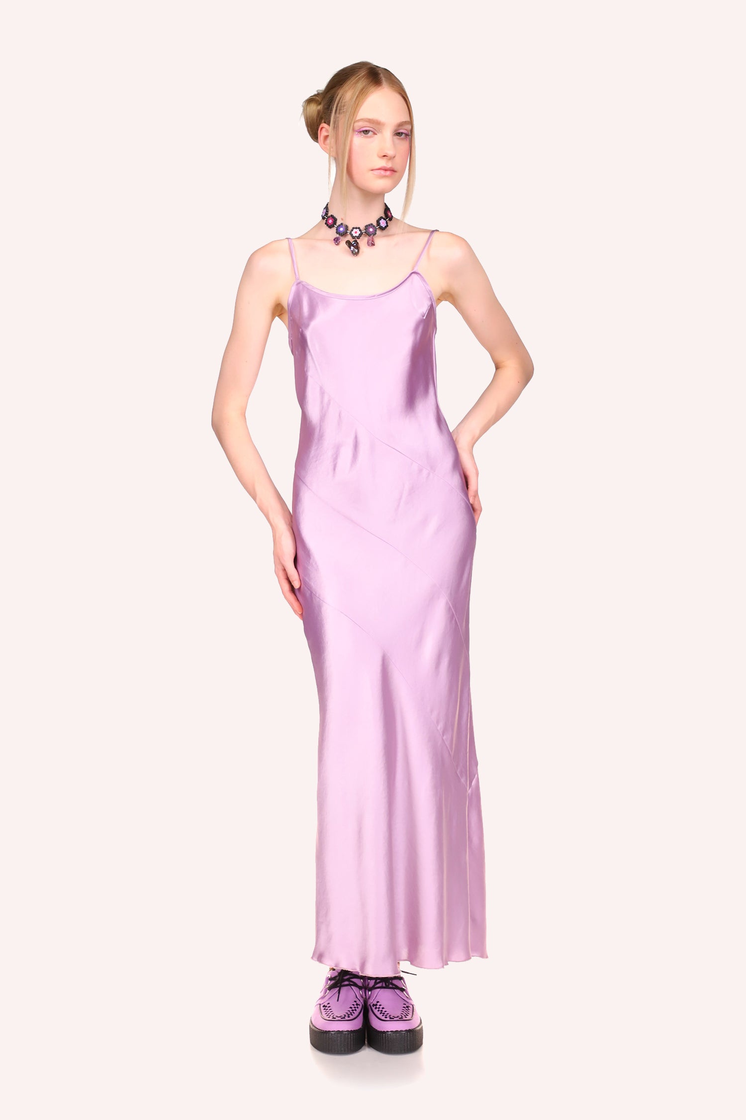 Tight-fitting Satin Slip dress lavender, 2-straps, round collar cut, ankle length, diagonal wrap design
