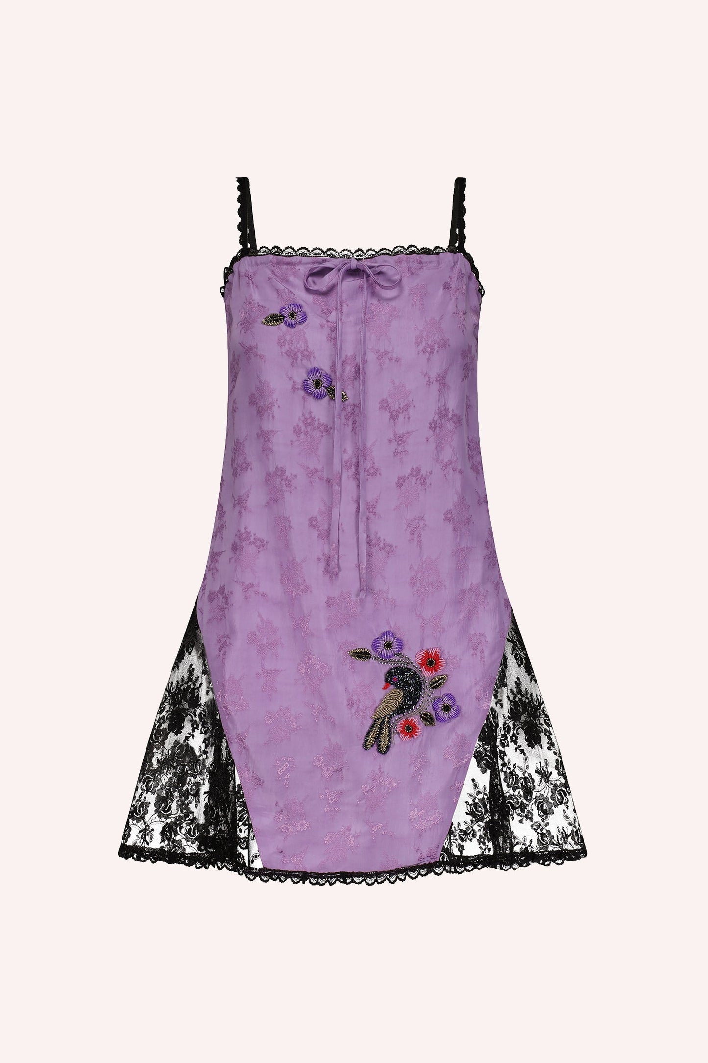 Floral Jacquard Slip Dress Lavender, Black lace on white on sides, dark lavender floral pattern
