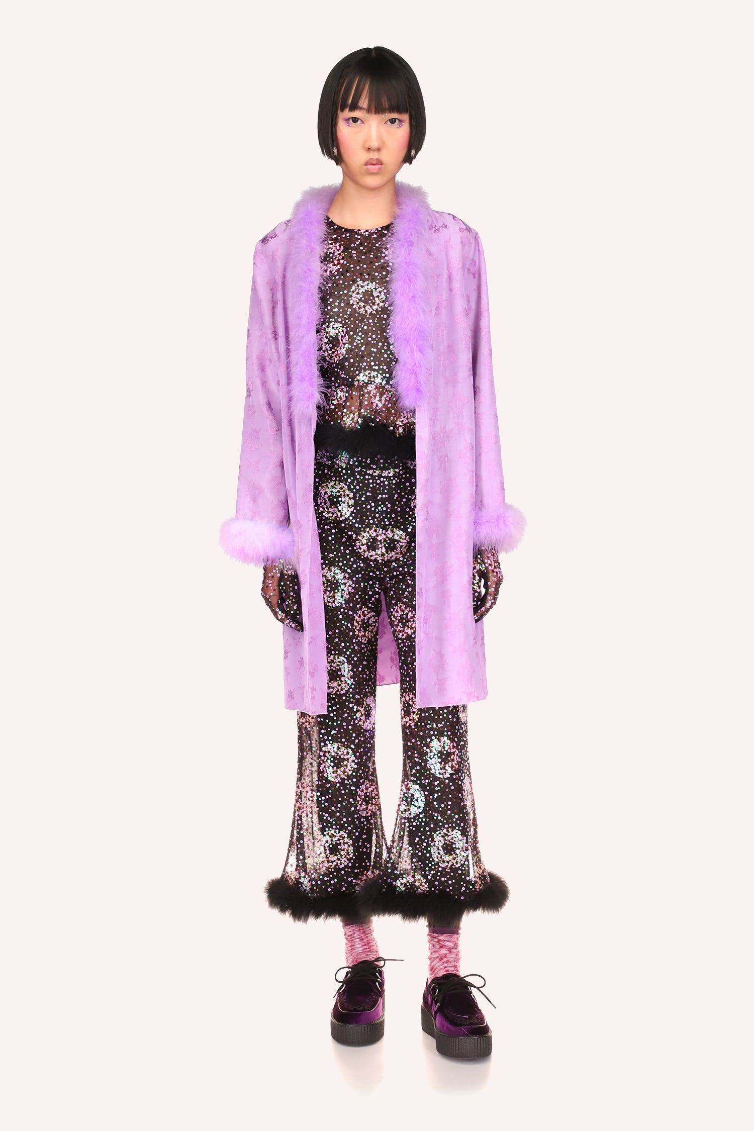 Floral Jacquard Robe, Knee long lavender robe, long sleeves with fluffy hem, fluffy hem at collar down