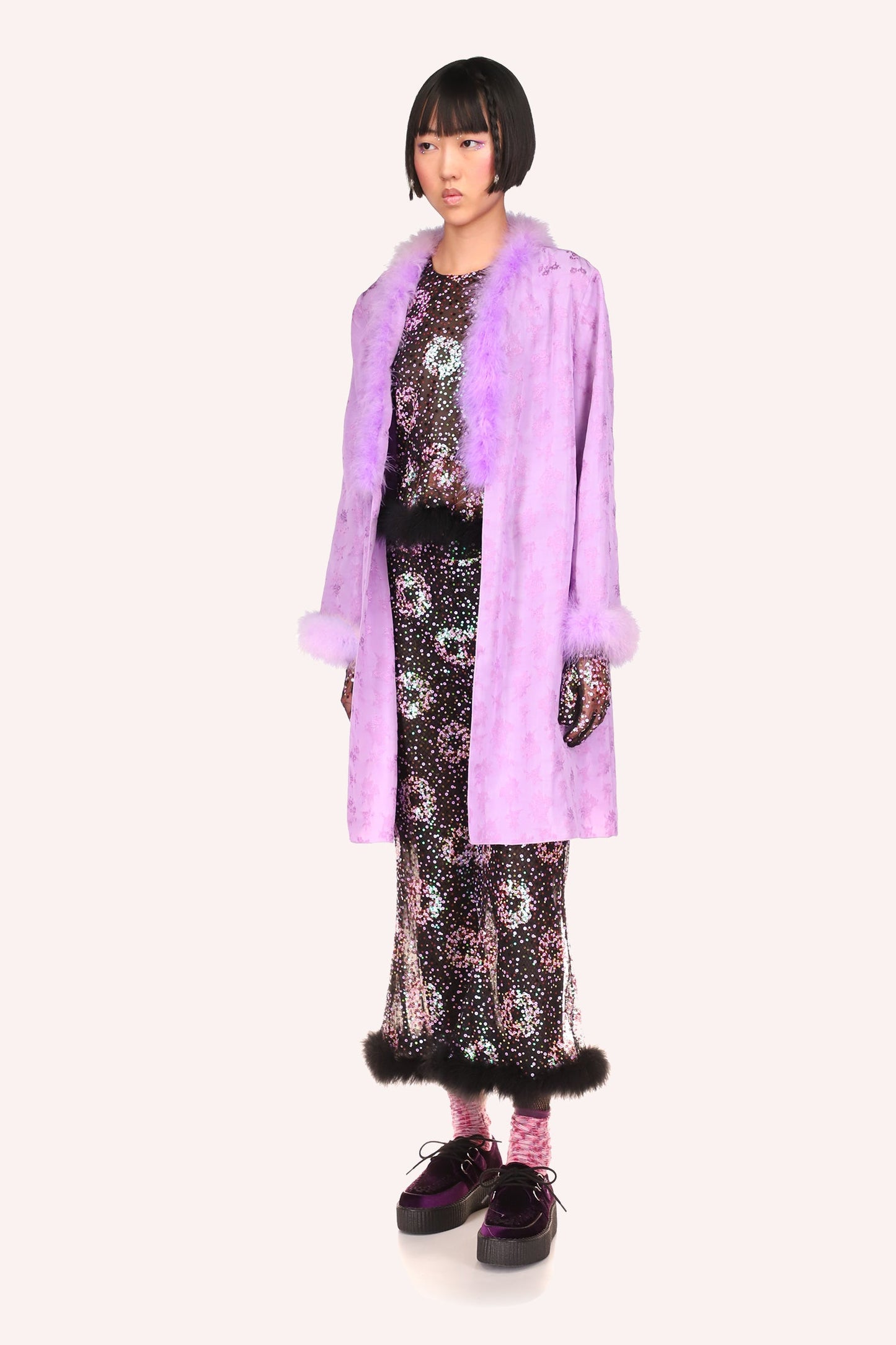 Floral Jacquard Robe Lavender, no button, no belt, Knee long, long sleeves with fluffy hem