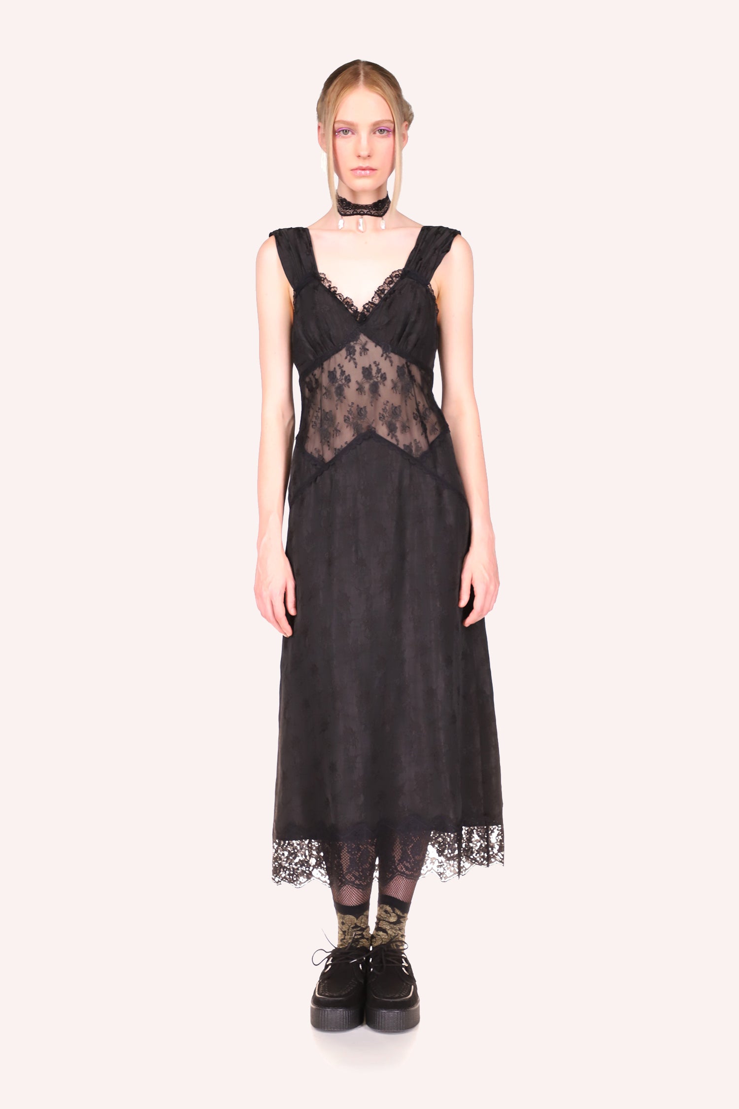 Floral Jacquard And Lace Dress Black – Anna Sui