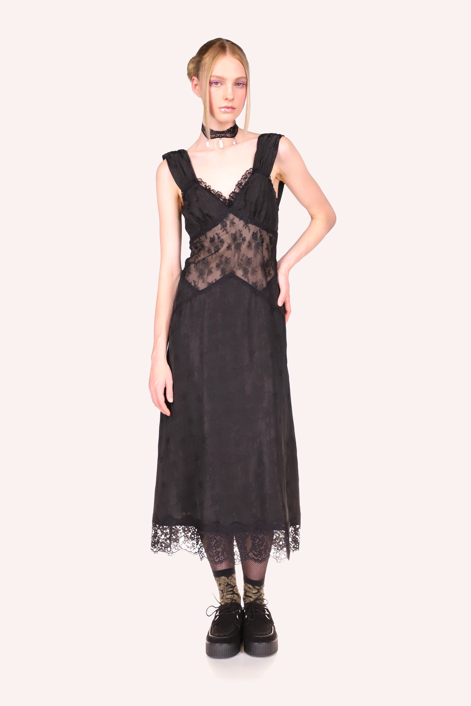 Floral Jacquard and Lace Dress black,  Detail of the black lace in front, with floral design 