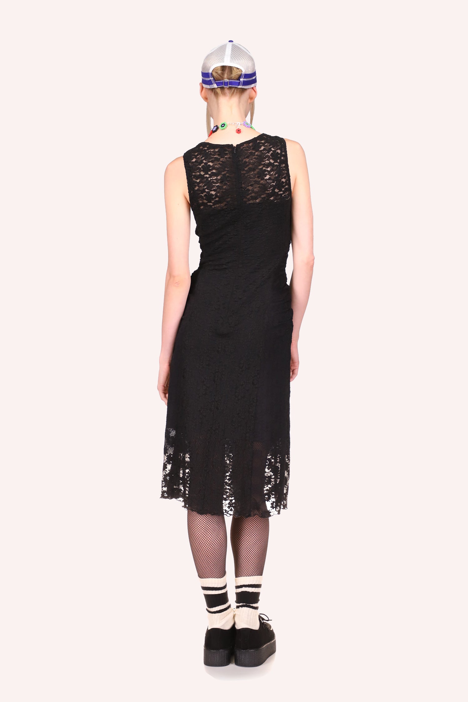 The Floral Stretch Lace Ruched Dress in black, come with zipper