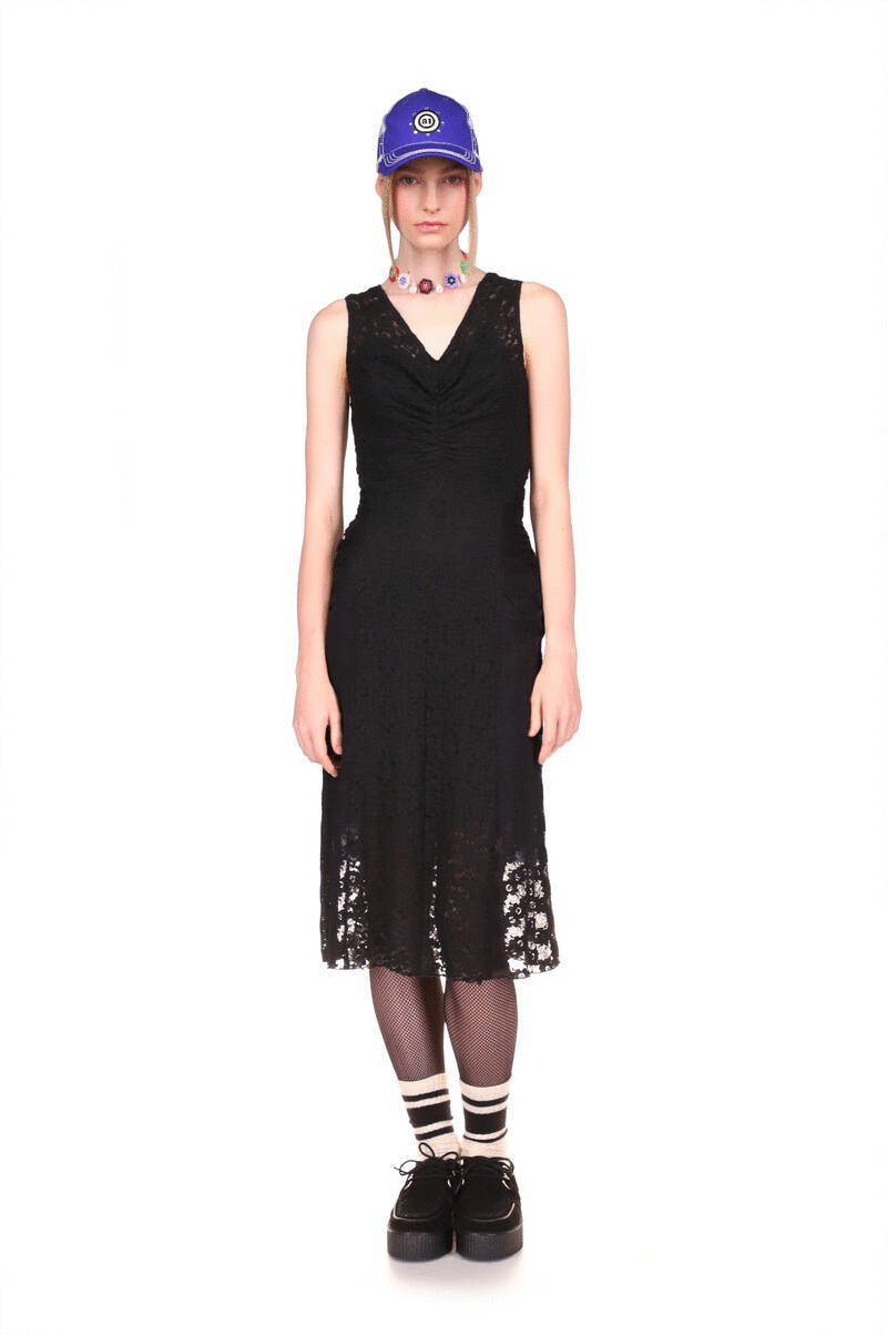 Stretch Lace Ruched Dress in black, zipper at the back, lace fabric offers a view of your outline