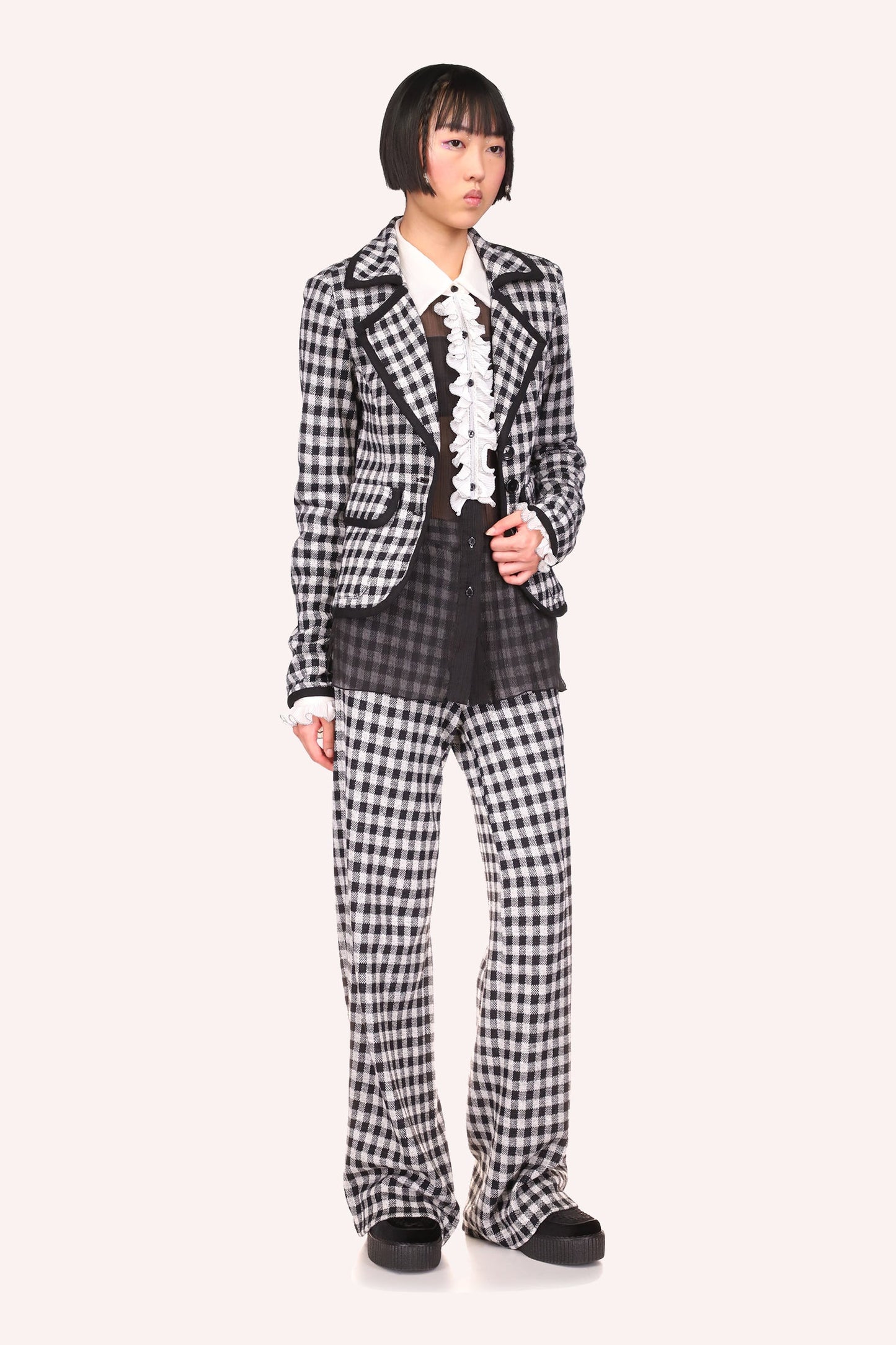 Wear Gingham Blazer, long sleeves at wrist, extra-large collar, 2- flap pockets, 3 black buttons