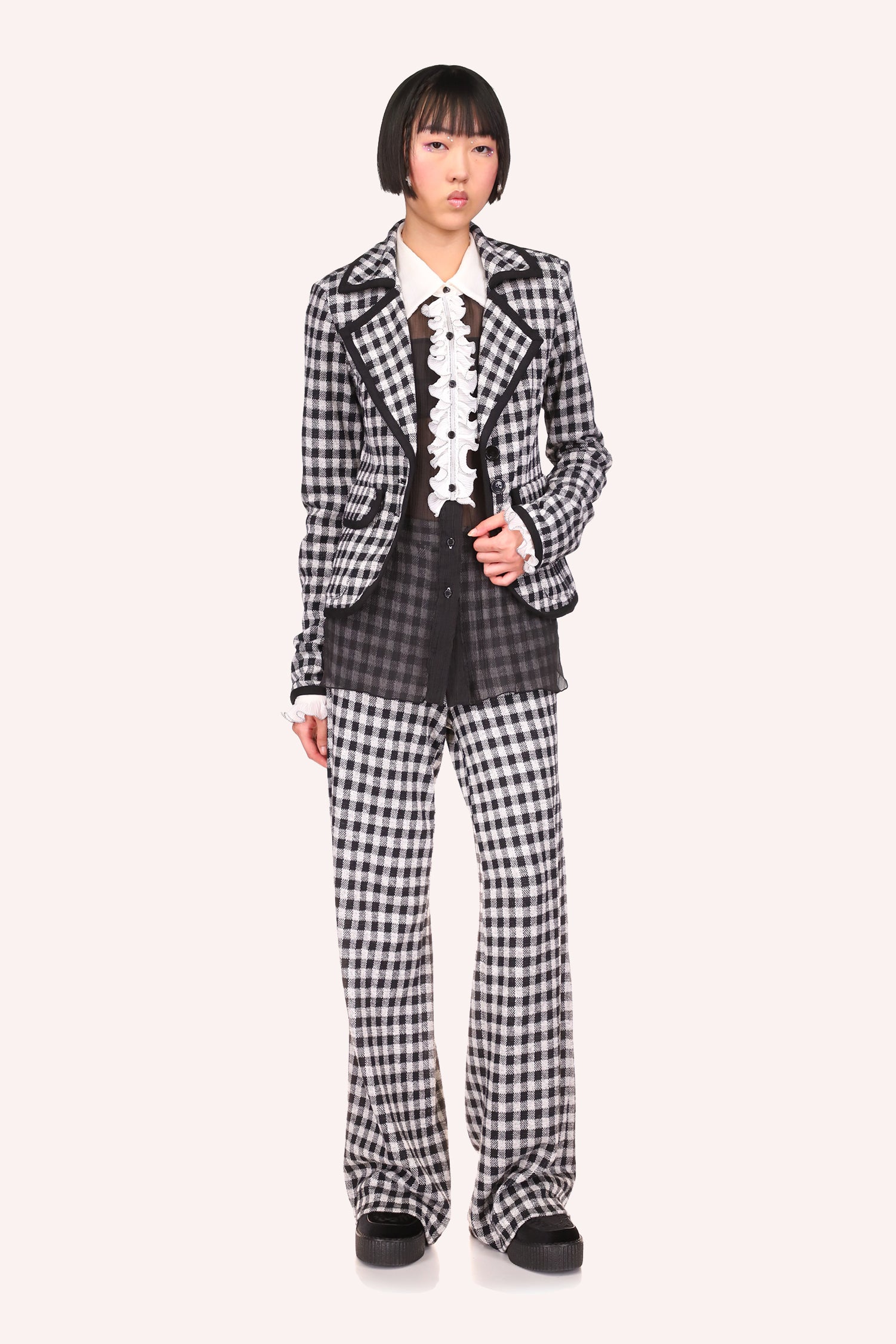 Gingham Pants Black Checkered pattern in white and black, with a zipper and belt loops