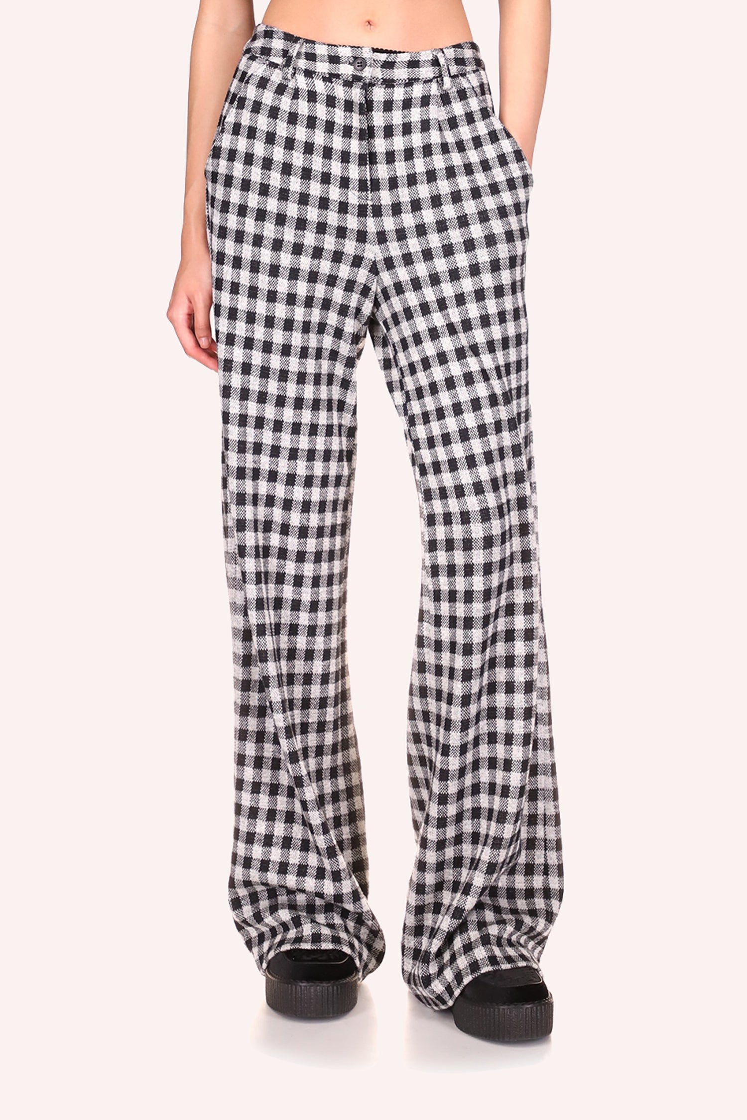 Gingham Pants Black Checkered pattern in B&W, long on legs cover the shoes, 1 button to close
