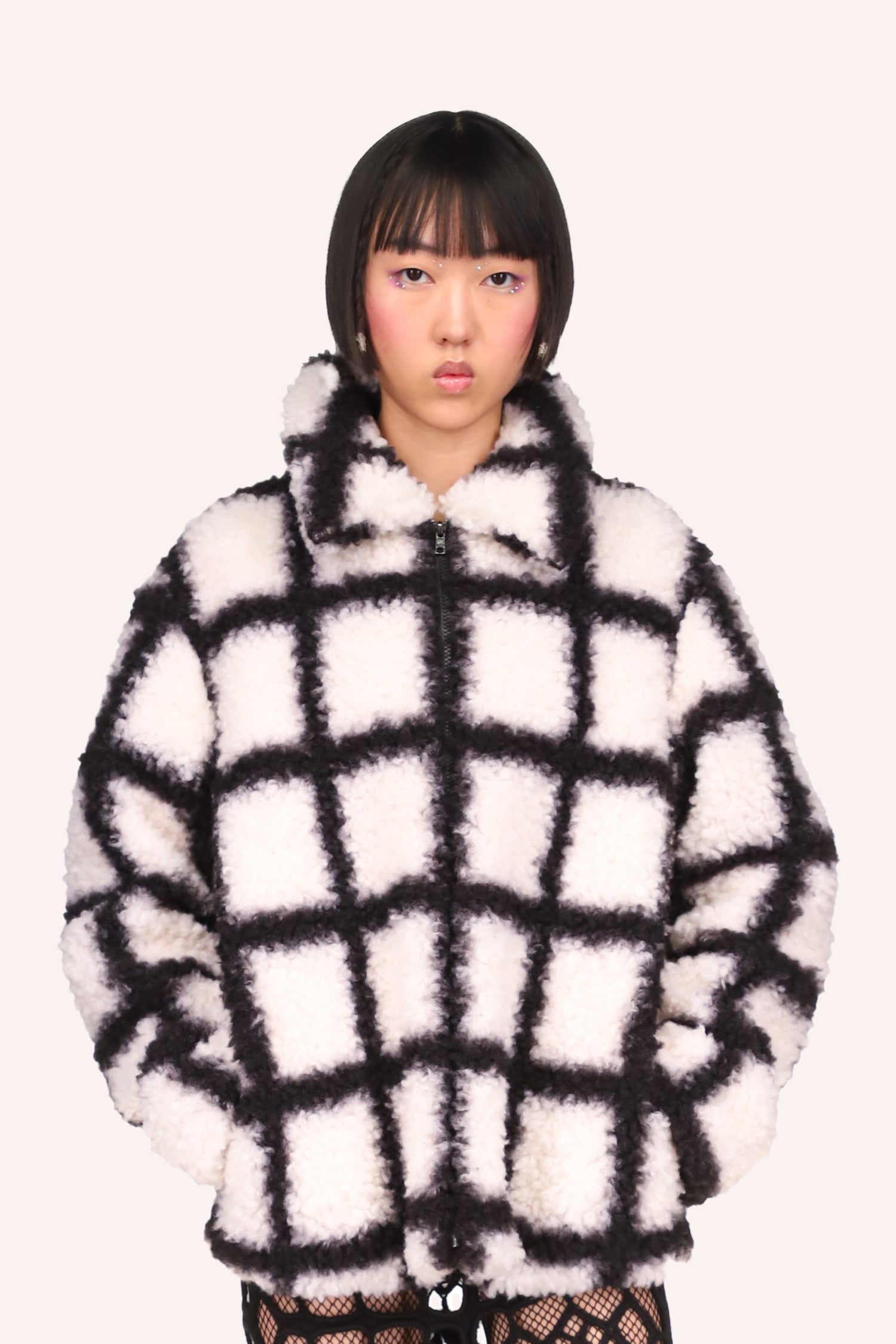 Windowpane Faux Fur Jacket<br> Black Multi - Anna Sui