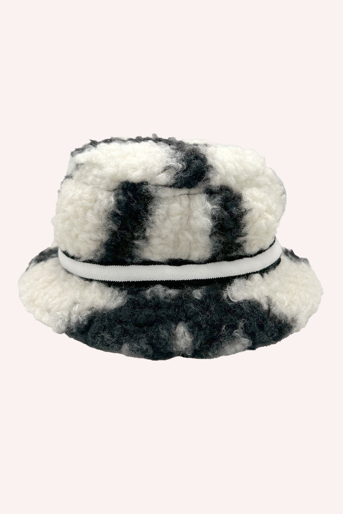 Windowpane Faux Fur Bucket Hat Black, black and white furry hat, with a white stipe around