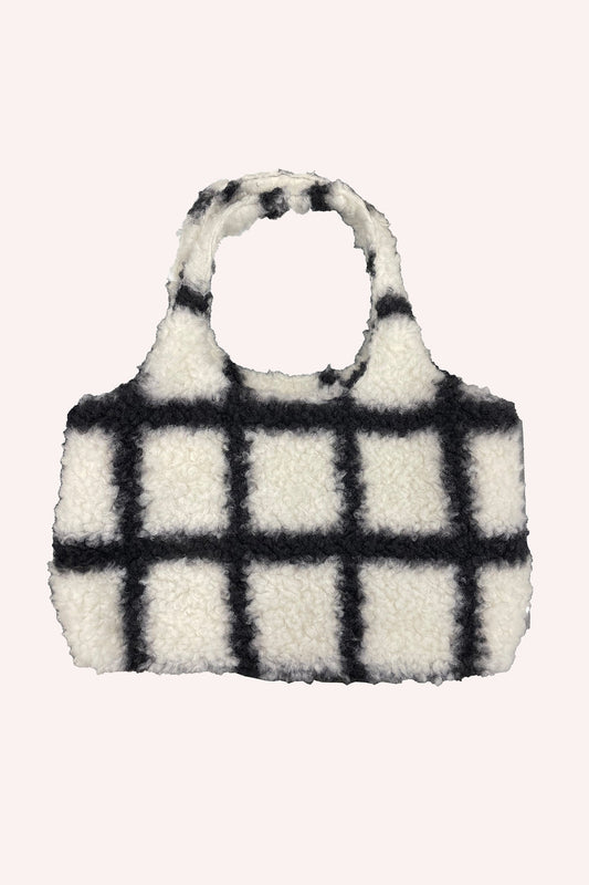 Windowpane Faux Fur Tote White with black lined square, rectangular, 2-rounded handles 