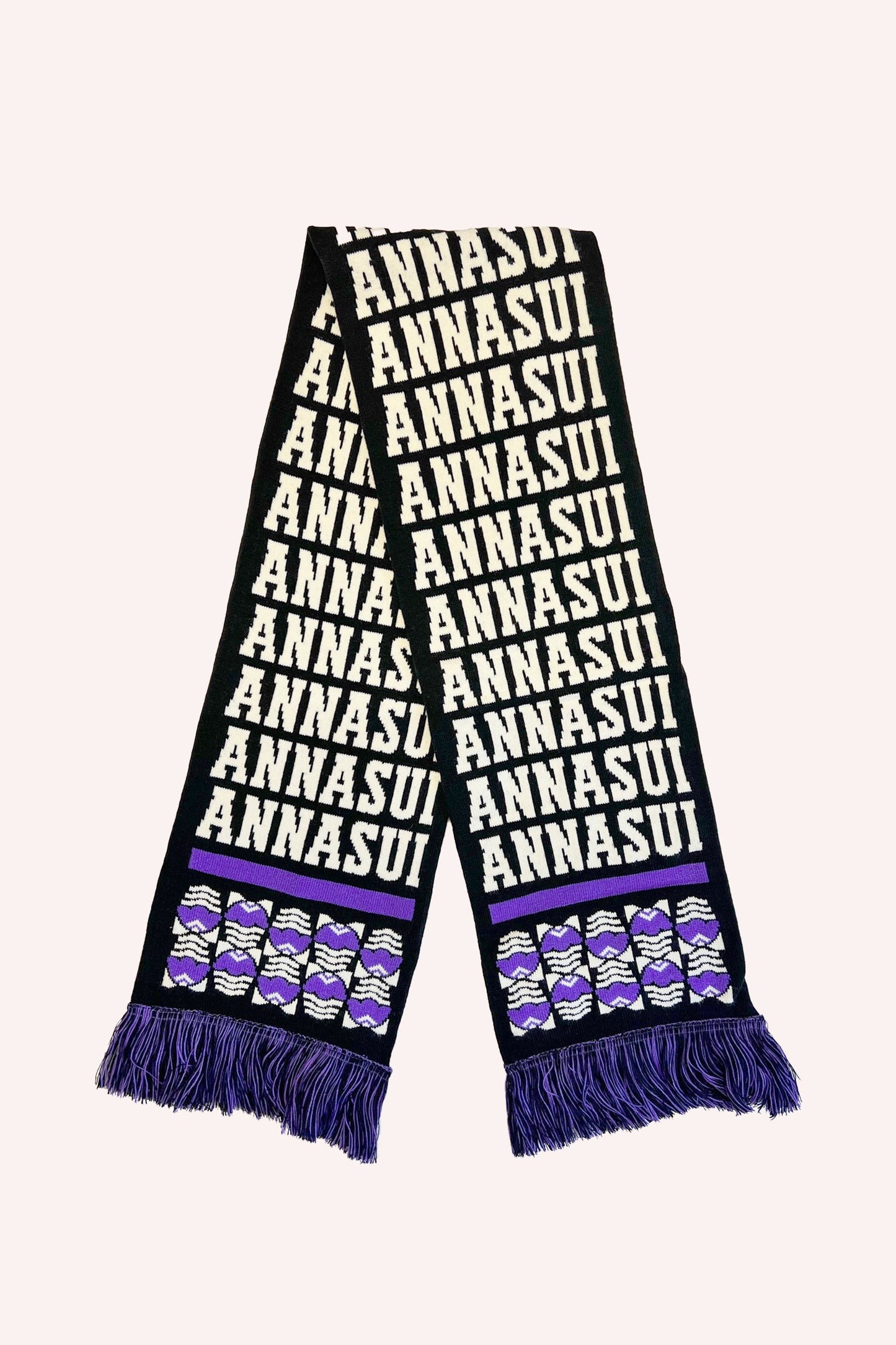 Black Scarf with pattern Anna Sui, purple fringes beneath a stylized eggs, purple line on both ends