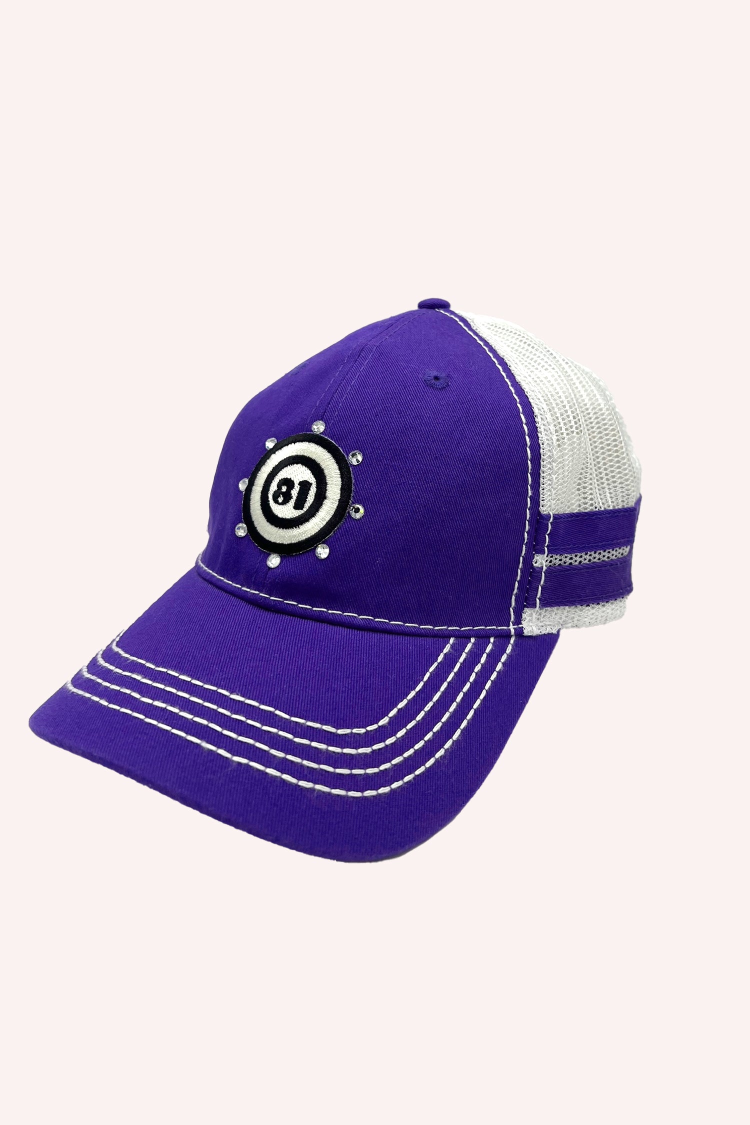 81 Trucker Hat Purple, “81” label in a black and white round target with 8-clear bead, white mesh on the back