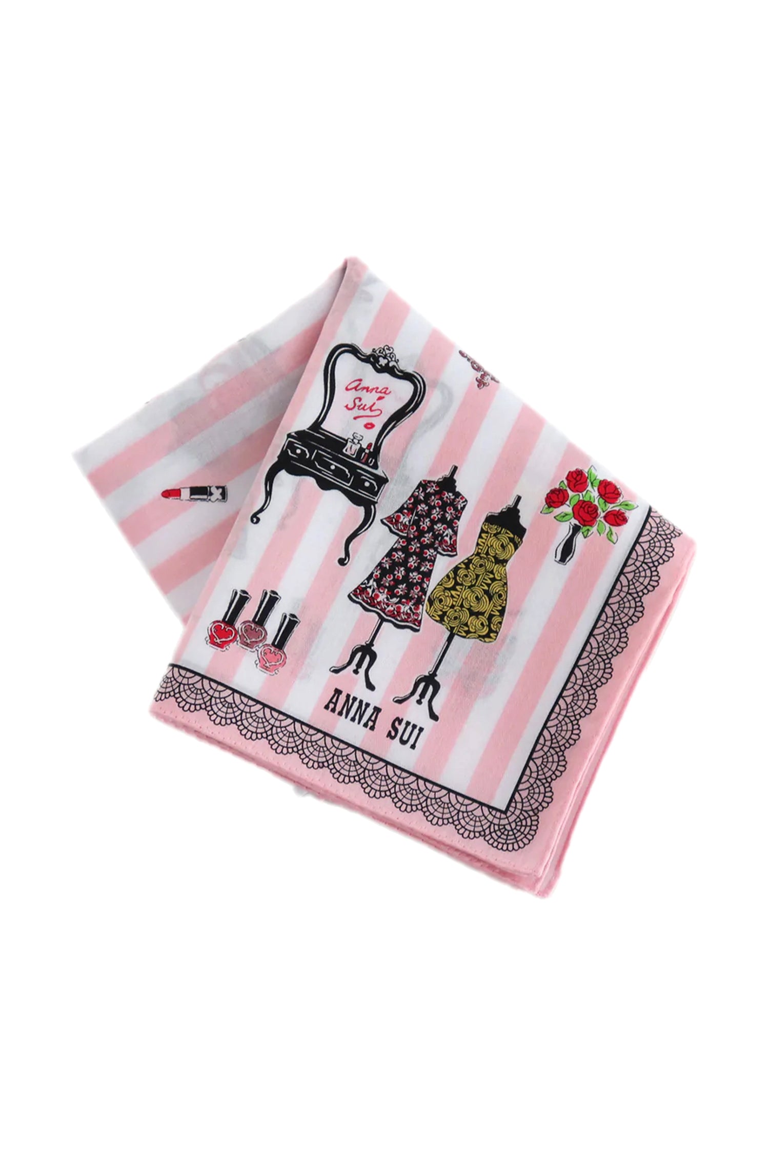 Squared Handkerchief, white/pink stripes, with stylized closet items, mirror, clothes, nails polish