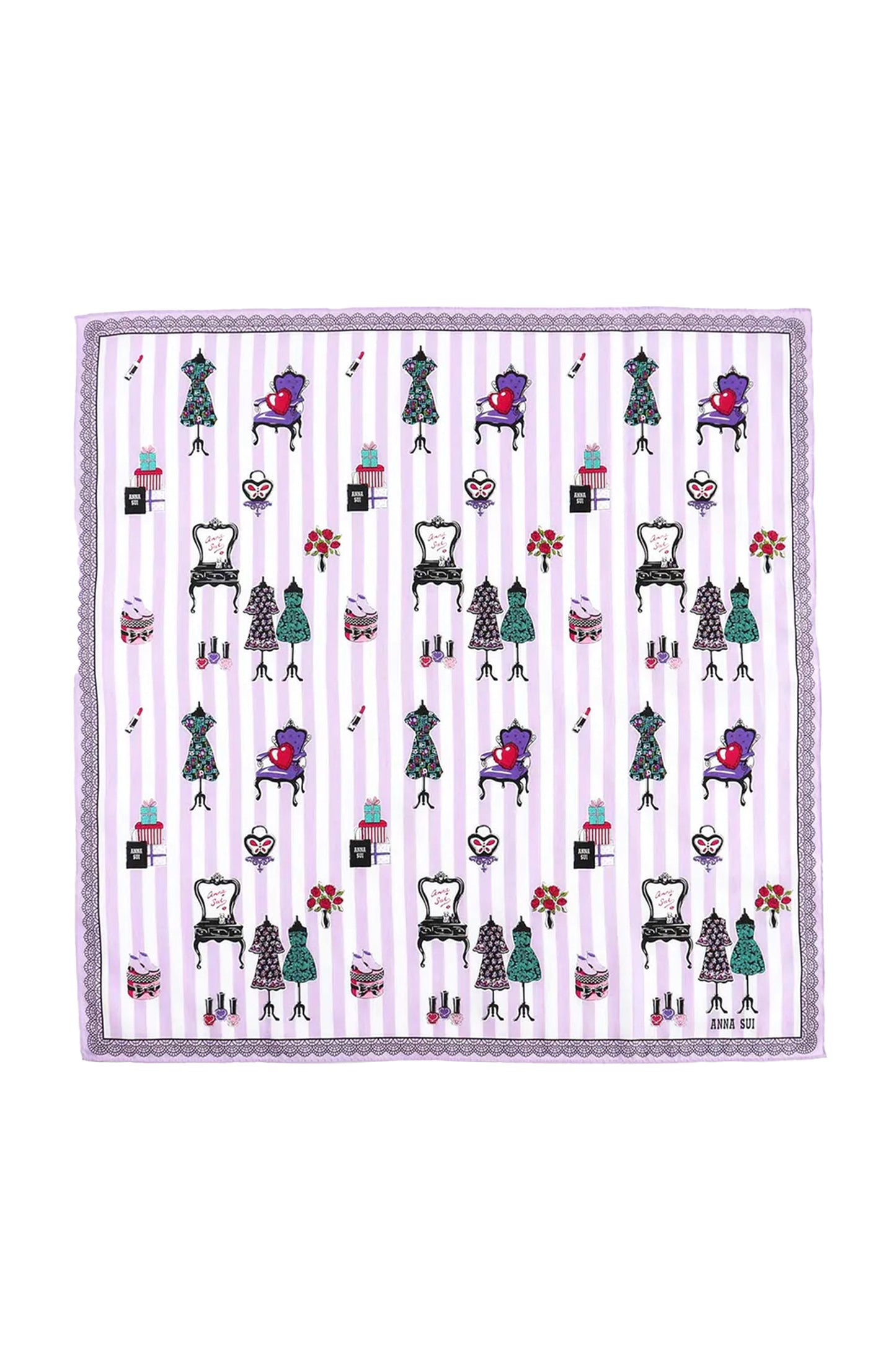 Squared Handkerchief, white/purple stripes, stylized repetitive items, mirror, clothes, nails polish